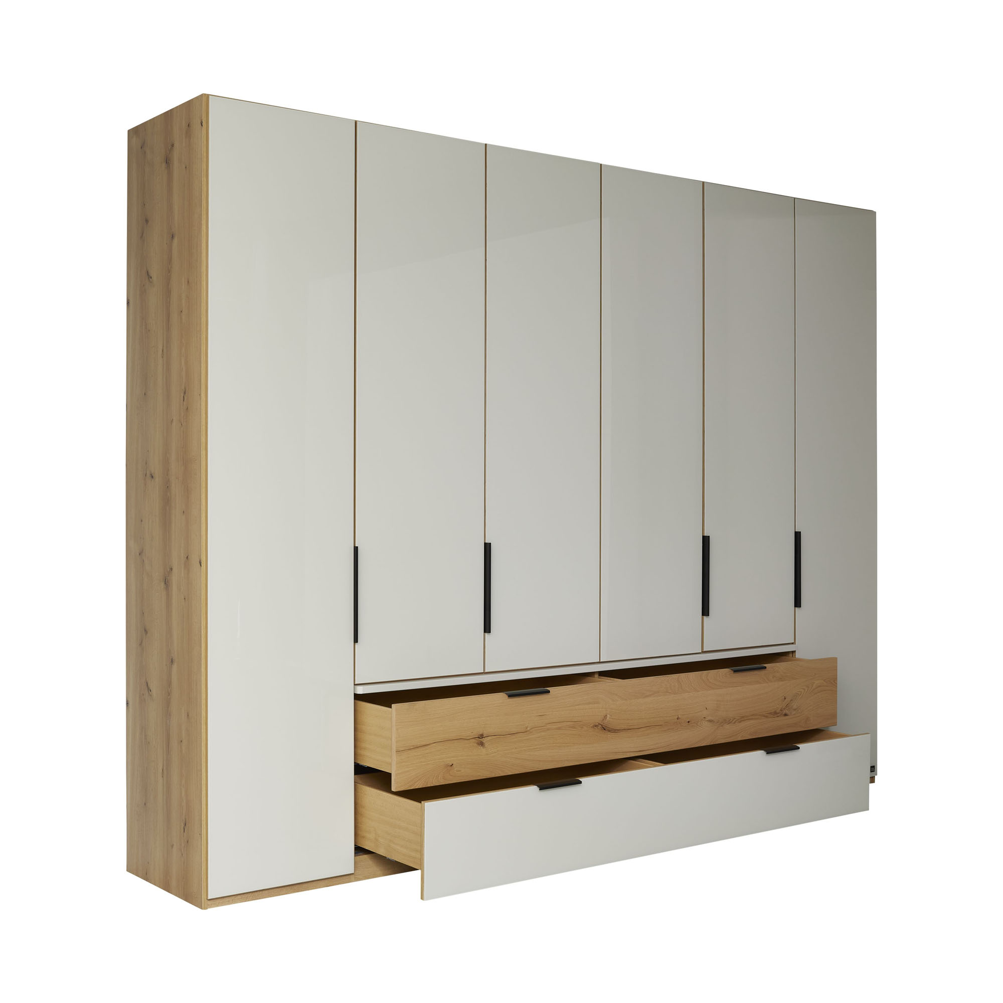 Kleiderschrank Interliving 1034 mit geöffneten Schubladen und Drehtüren in Holzoptik und heller Front