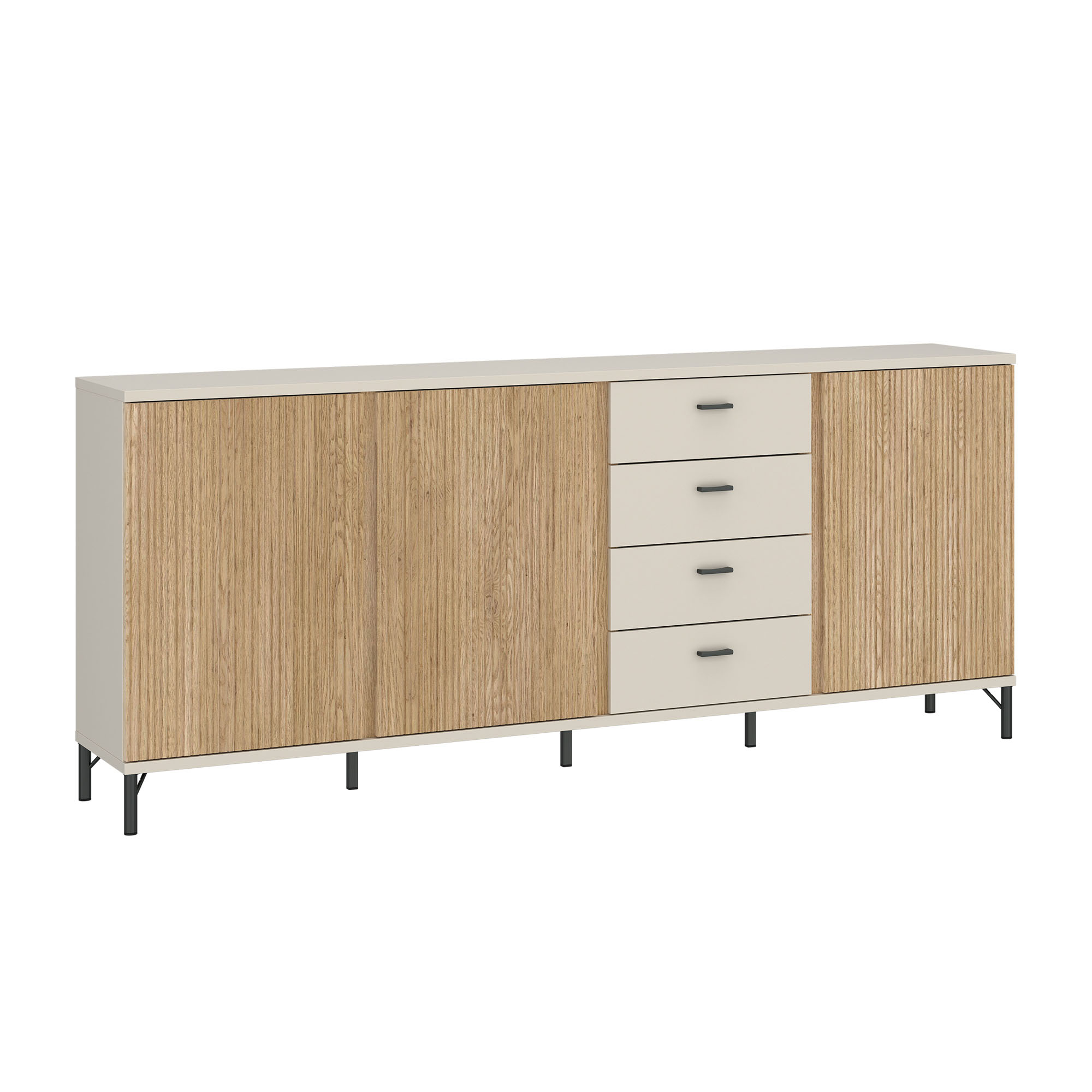 Modernes Sideboard in Kaschmir und Eiche mit zwei Drehtüren, vier Schubladen und schwarzen Metallfüßen