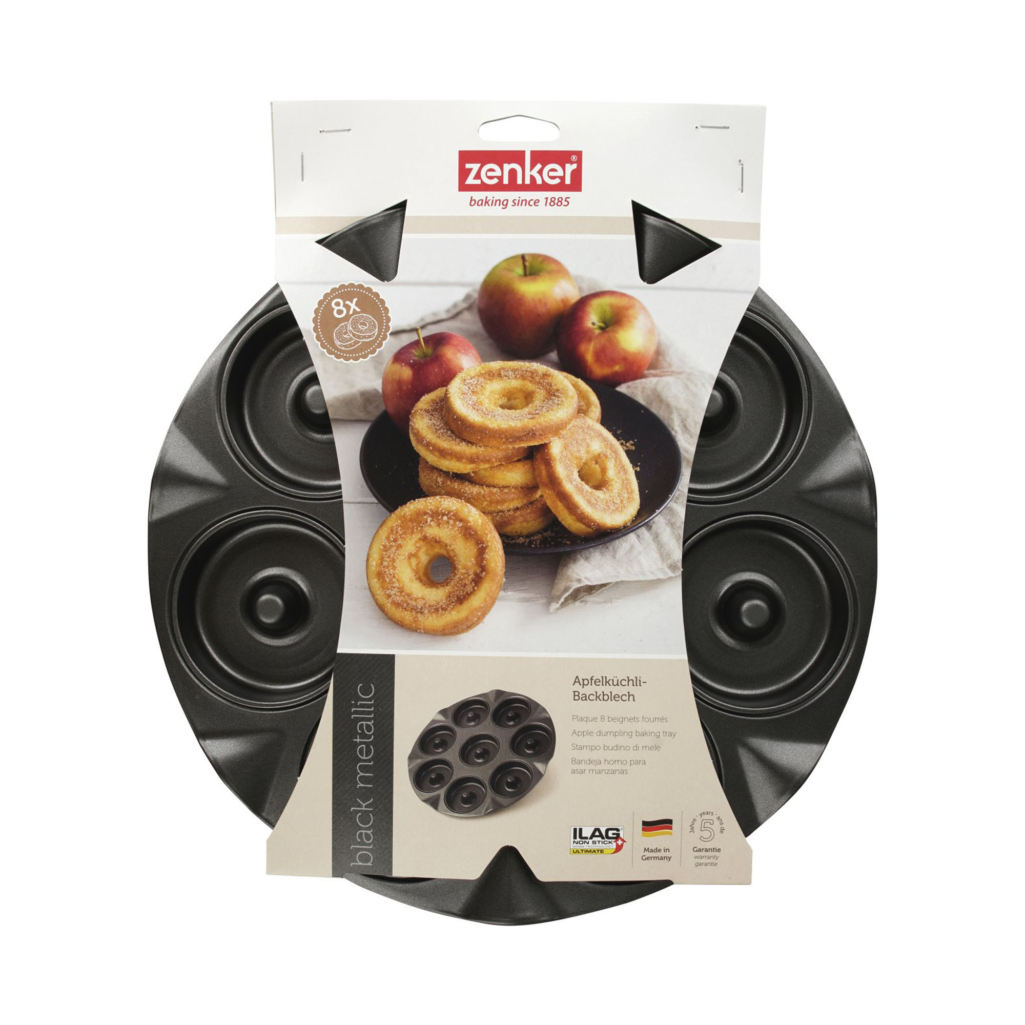 Donut Backform mit Verpackung und Abbildung von gebackenen Donuts als Serviervorschlag