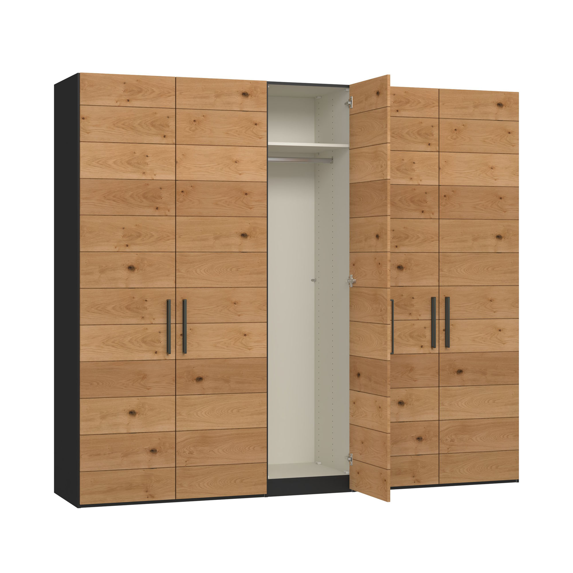 Drehtürenschrank mit geöffneter Tür in der Mitte und sichtbarem Stauraum