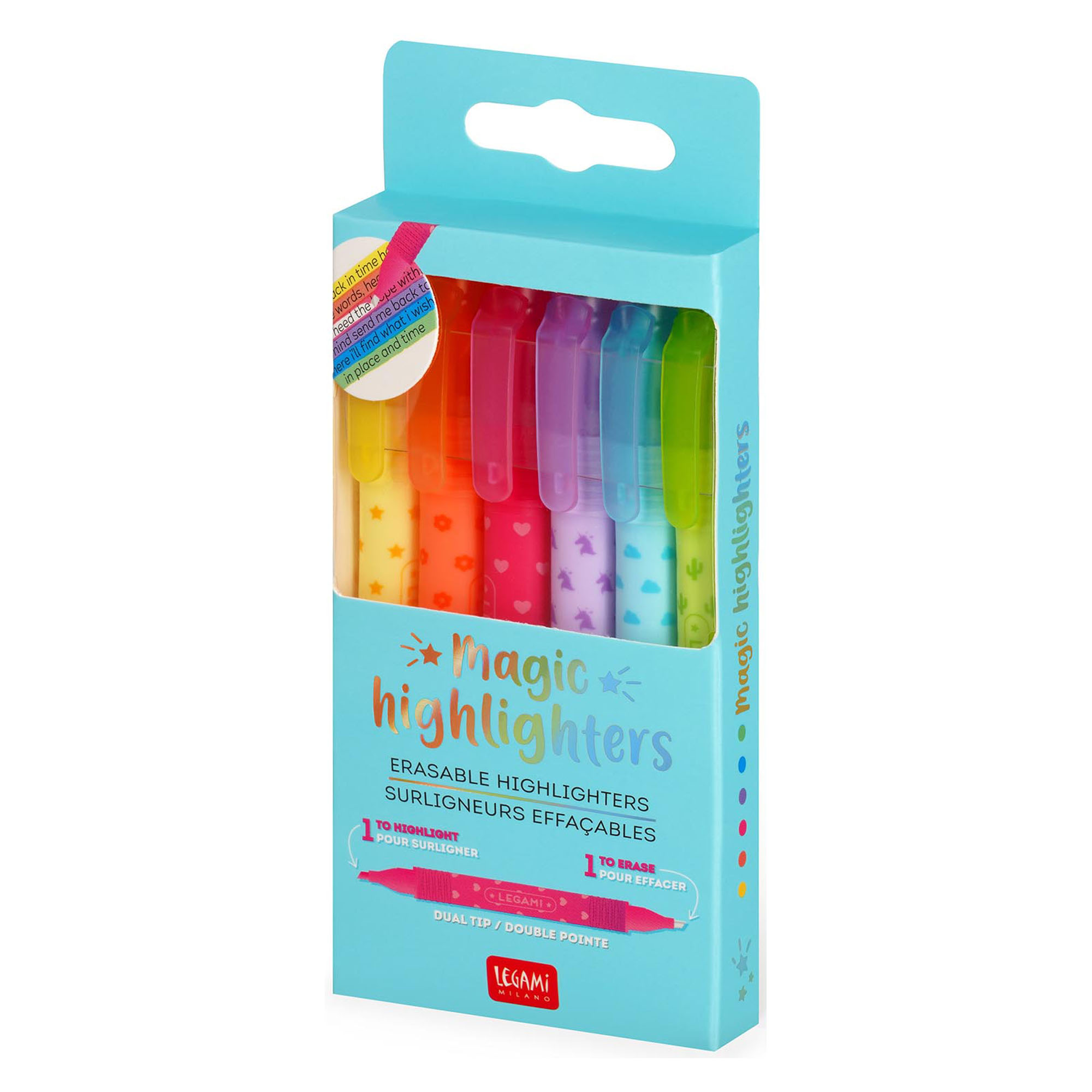 Sechs radierbare Textmarker in Pastellfarben, in einer türkisfarbenen Blisterverpackung abgebildet.