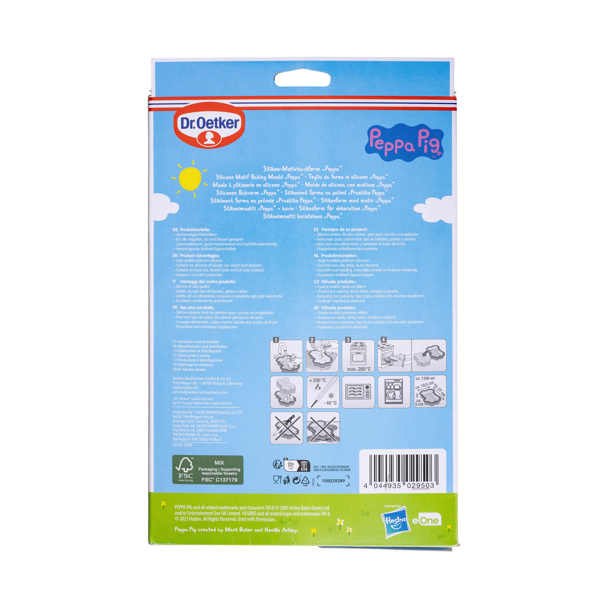 Rückseite der Verpackung der Peppa Pig Silikon Backform mit Produktinformationen
