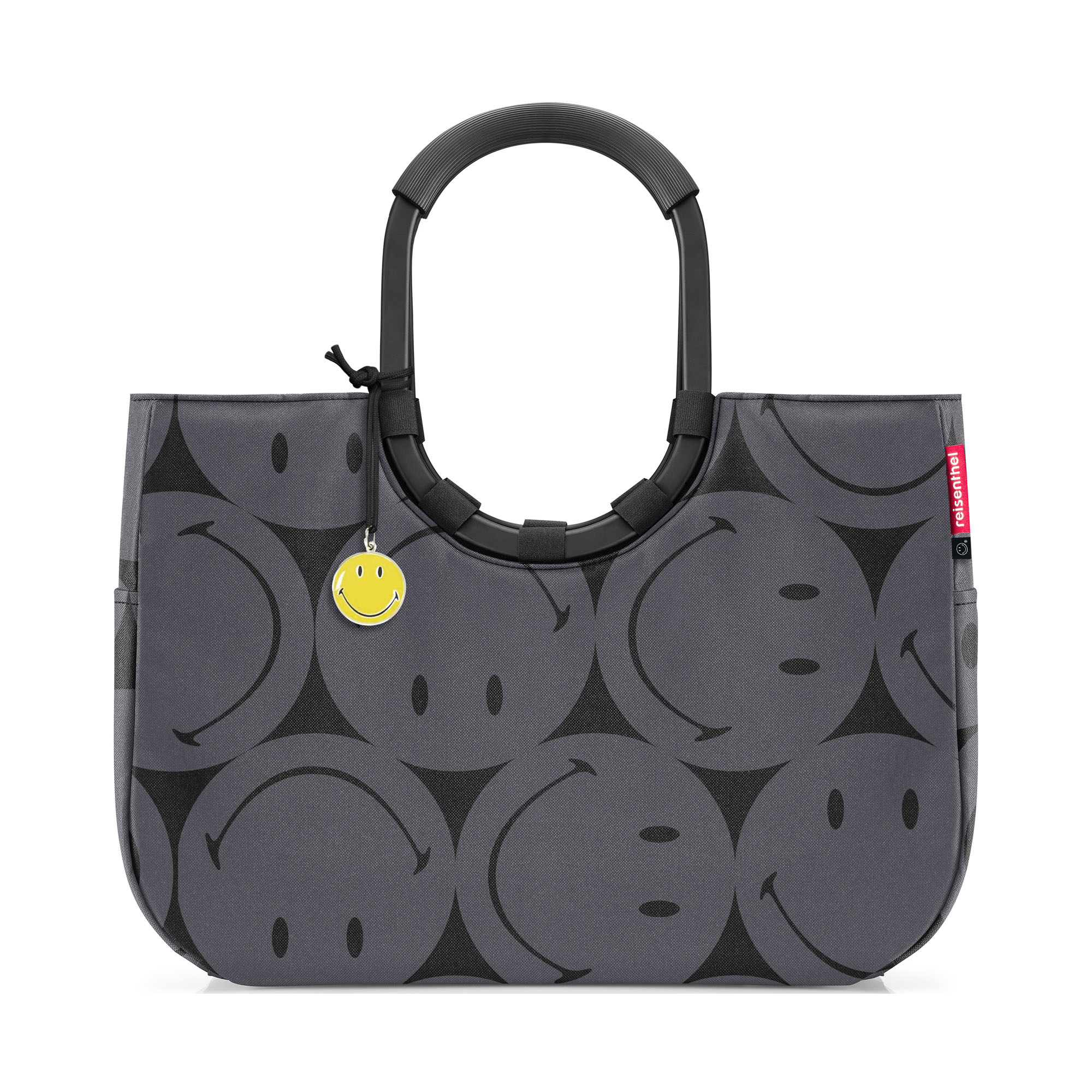 Großer Shopper von Reisenthel, Modell Loopshopper L, in Grau mit großflächigem Smiley-Muster, von hinten mit zwei Ringgriffen und Smiley-Anhänger.
