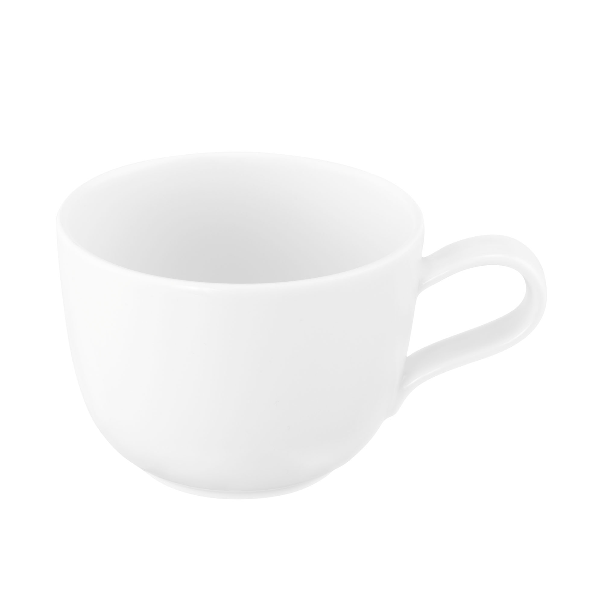 Tasse in Weiß. niedrige geradlinige Form mit Henkel. Ansicht: schräge Ansicht mit Henkel.