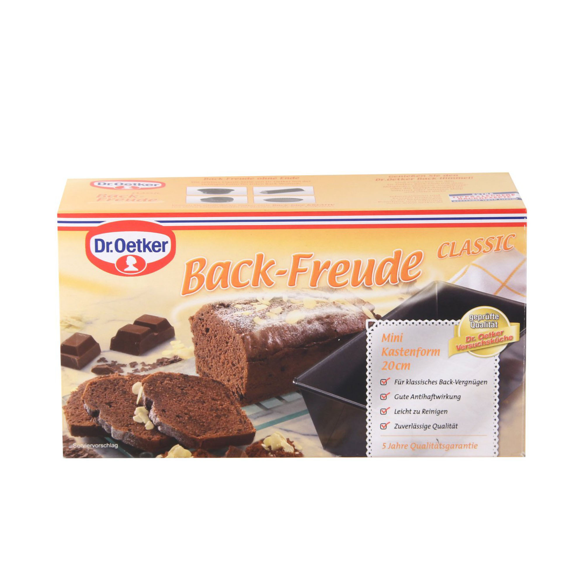 Verpackung der Dr Oetker Mini Kastenform 20 cm mit abgebildetem Kastenkuchen