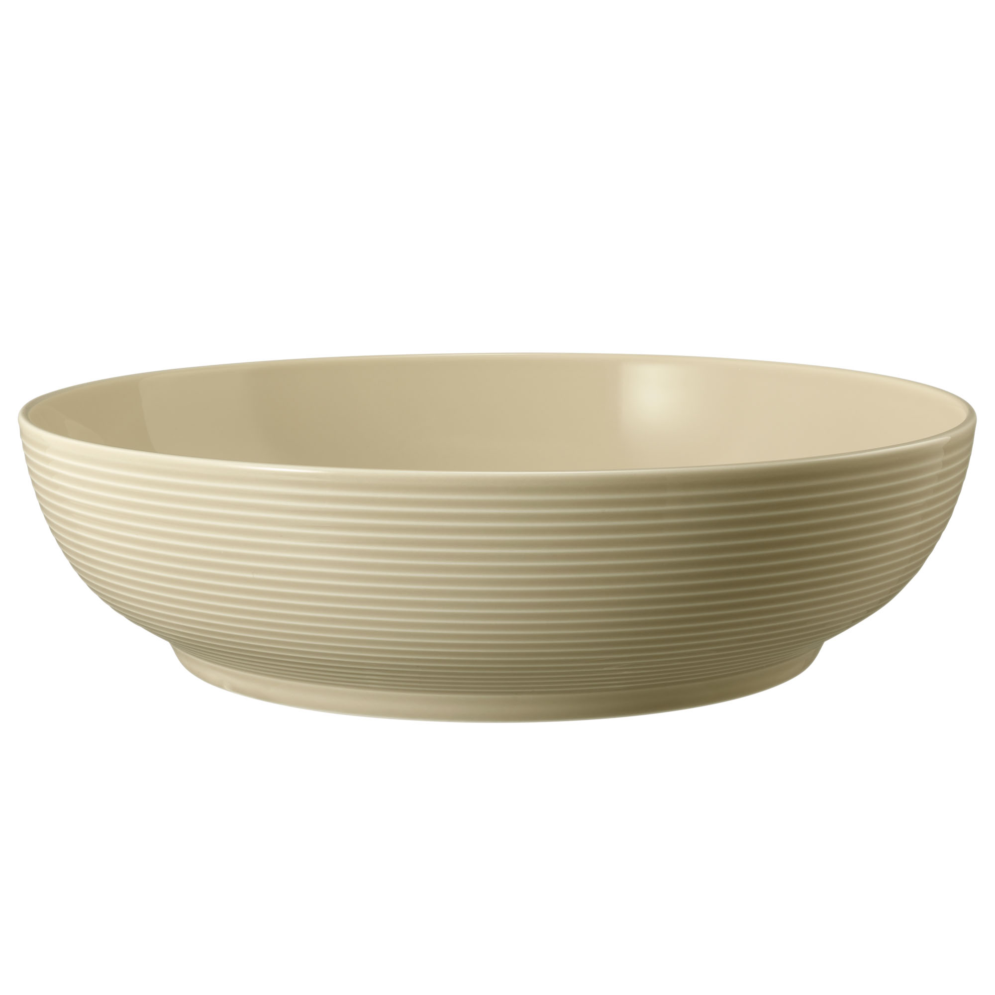 Schale in Sandbeige. Darstellung: Seitenansicht. Merkmale: rund und mitteltief mit waagerechten Rillen.