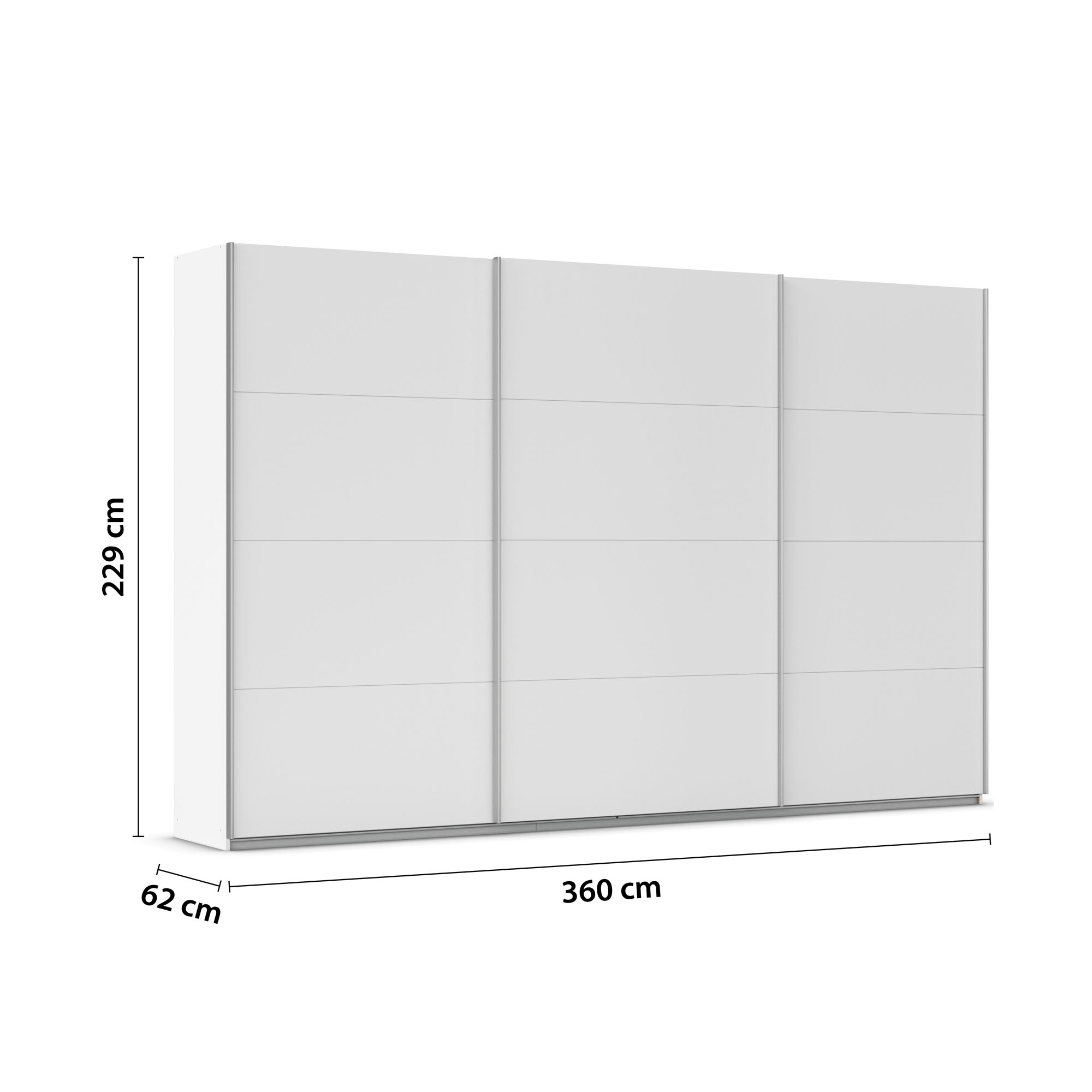 Kleiderschrank mit eingezeichneten Maßen von 360 cm Breite, 229 cm Höhe und 62 cm Tiefe