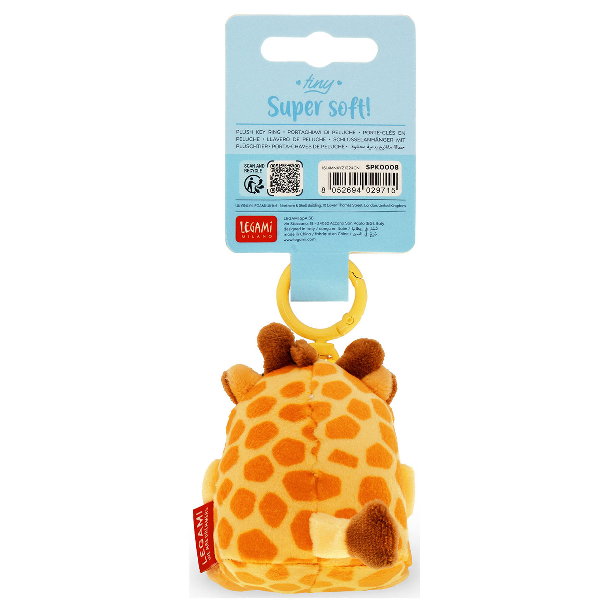 Giraffen-Plüsch-Schlüsselanhänger, von hinten an der Kartonaufhängung gezeigt.