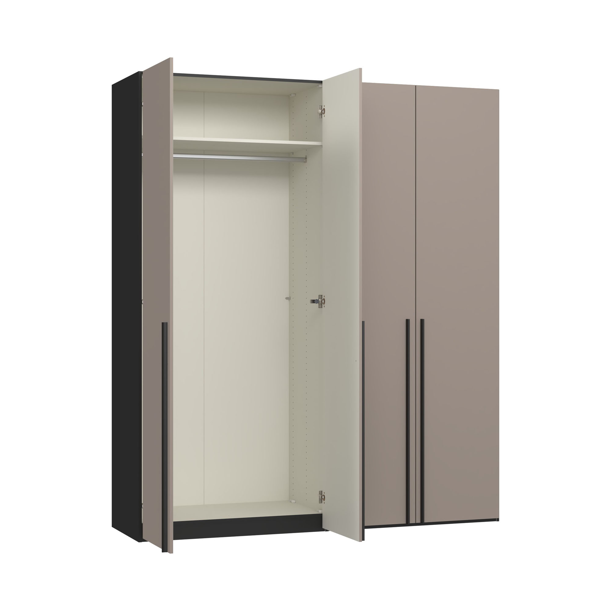 Viertüriger Kleiderschrank mit rechts geöffneter Tür und sichtbarem Innenraum mit Stauraumaufteilung