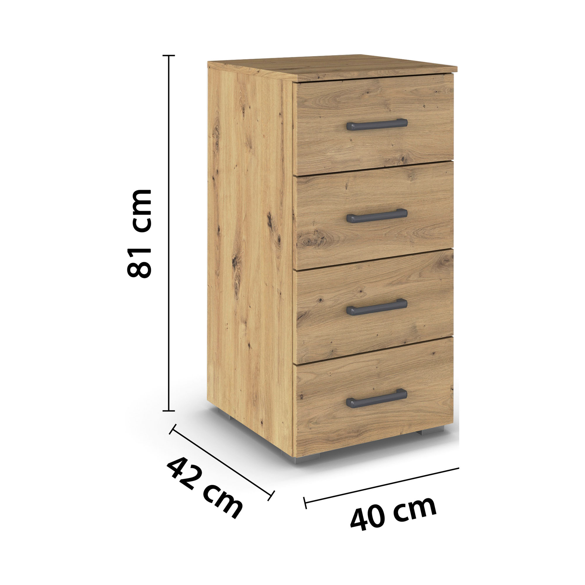 Kommode in Eiche Optik mit Maßangaben Breite 40 cm, Höhe 81 cm und Tiefe 42 cm mit vier Schubladen