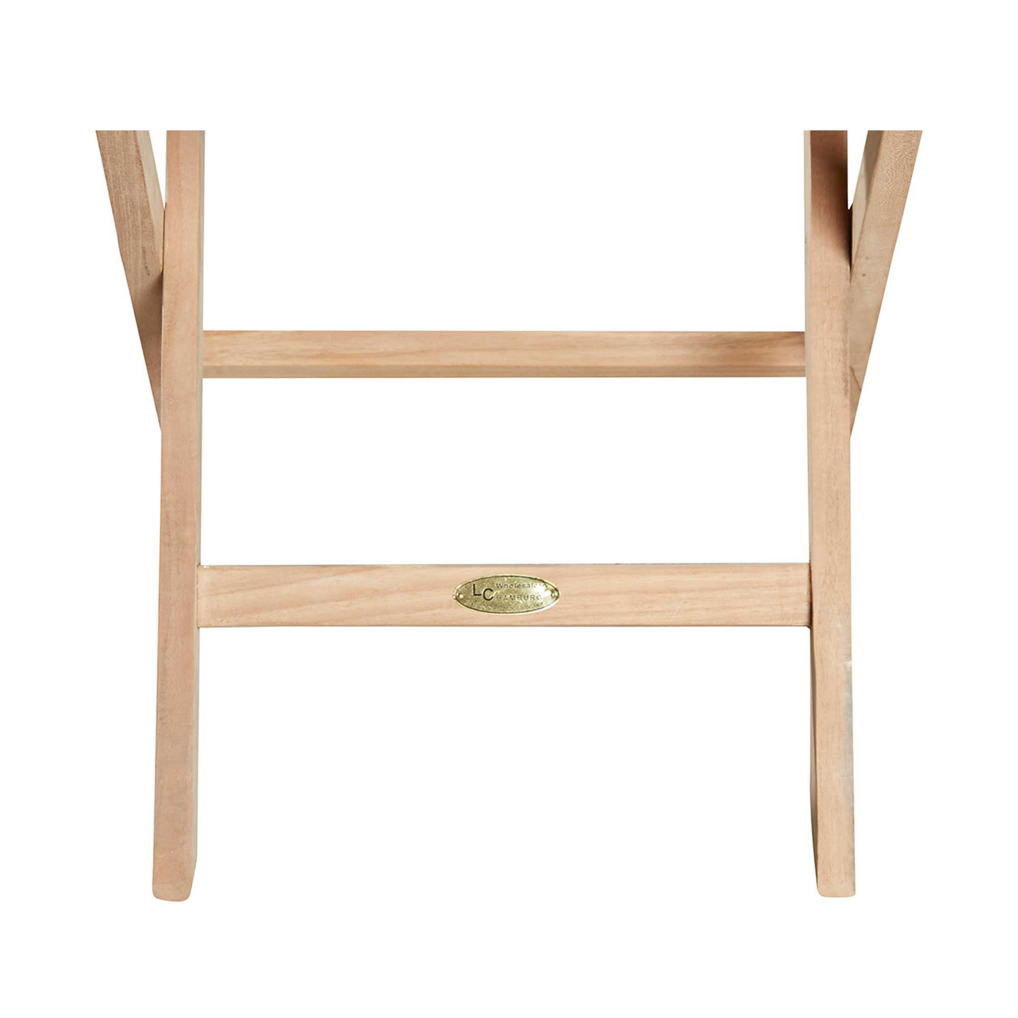 Unteransicht eines klappbaren Holztischs mit Querstrebe