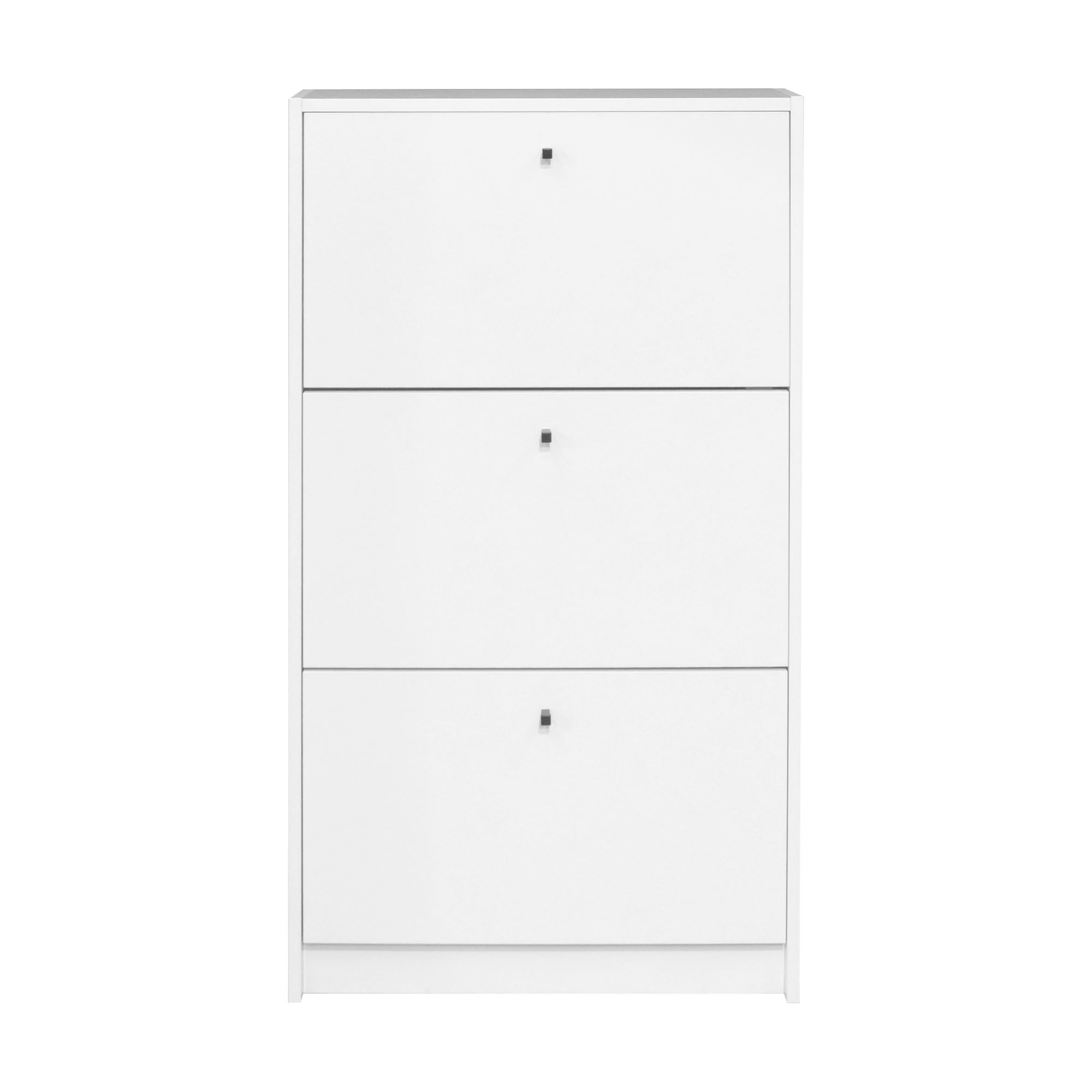 Weißer Schuhschrank mit drei großen Klappfächern in geradlinigem Design, platzsparend und modern