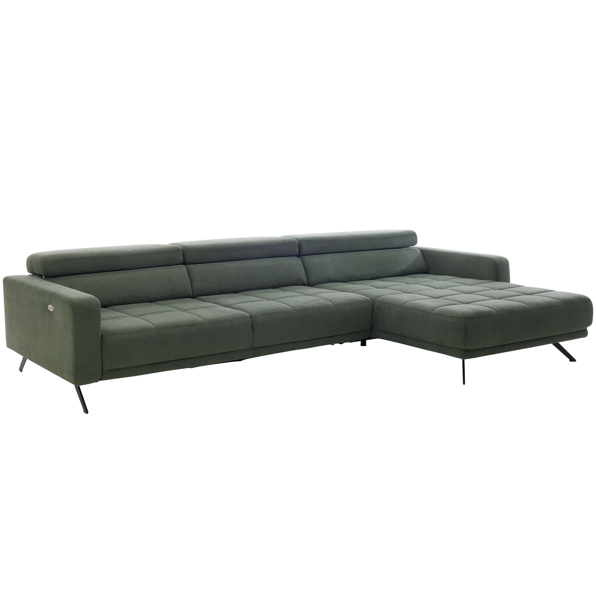 schräg fotografiertes grünes Ecksofa Interliving 4303 mit linker Recamiere, gesteppter Sitzfläche und schwarzen Metallfüßen