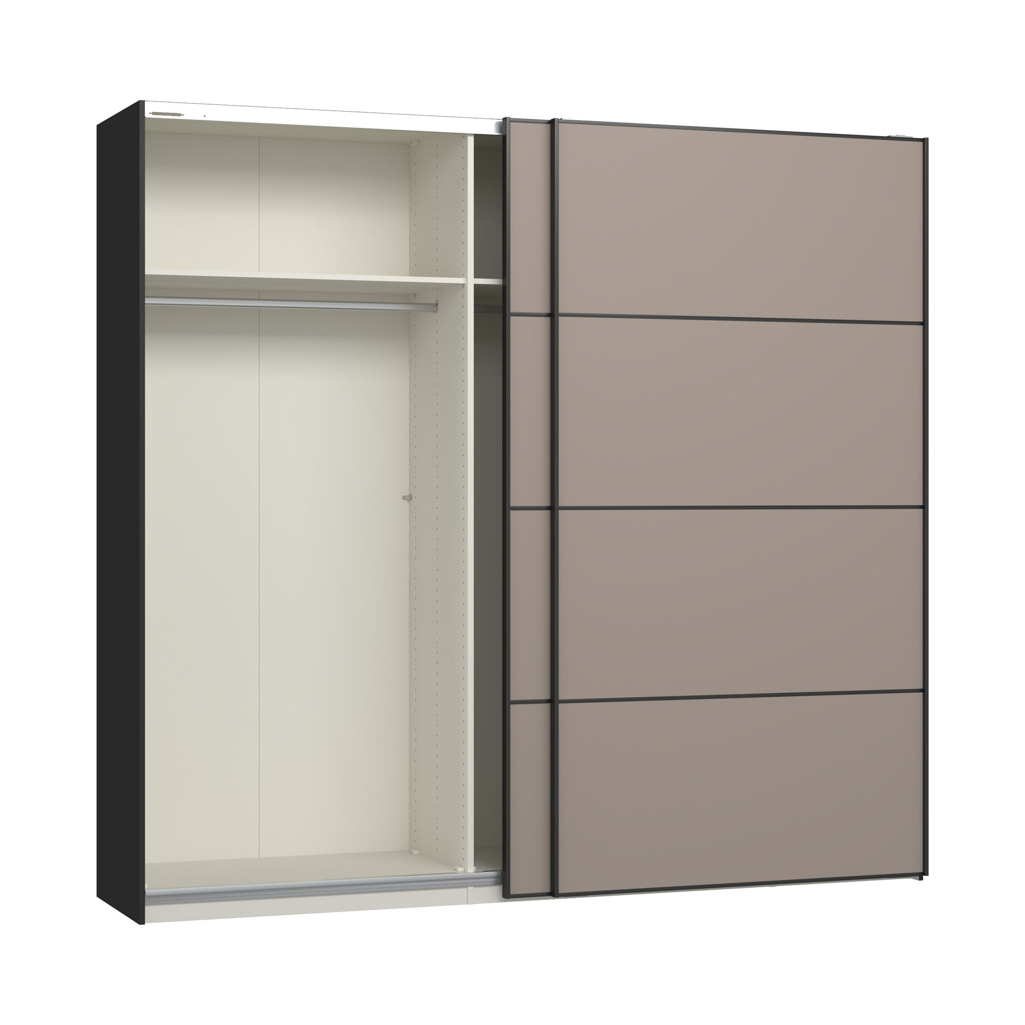 Schwebetürenschrank mit geöffneter linker Schiebetür und sichtbarem Innenraum mit Fachboden und Kleiderstange