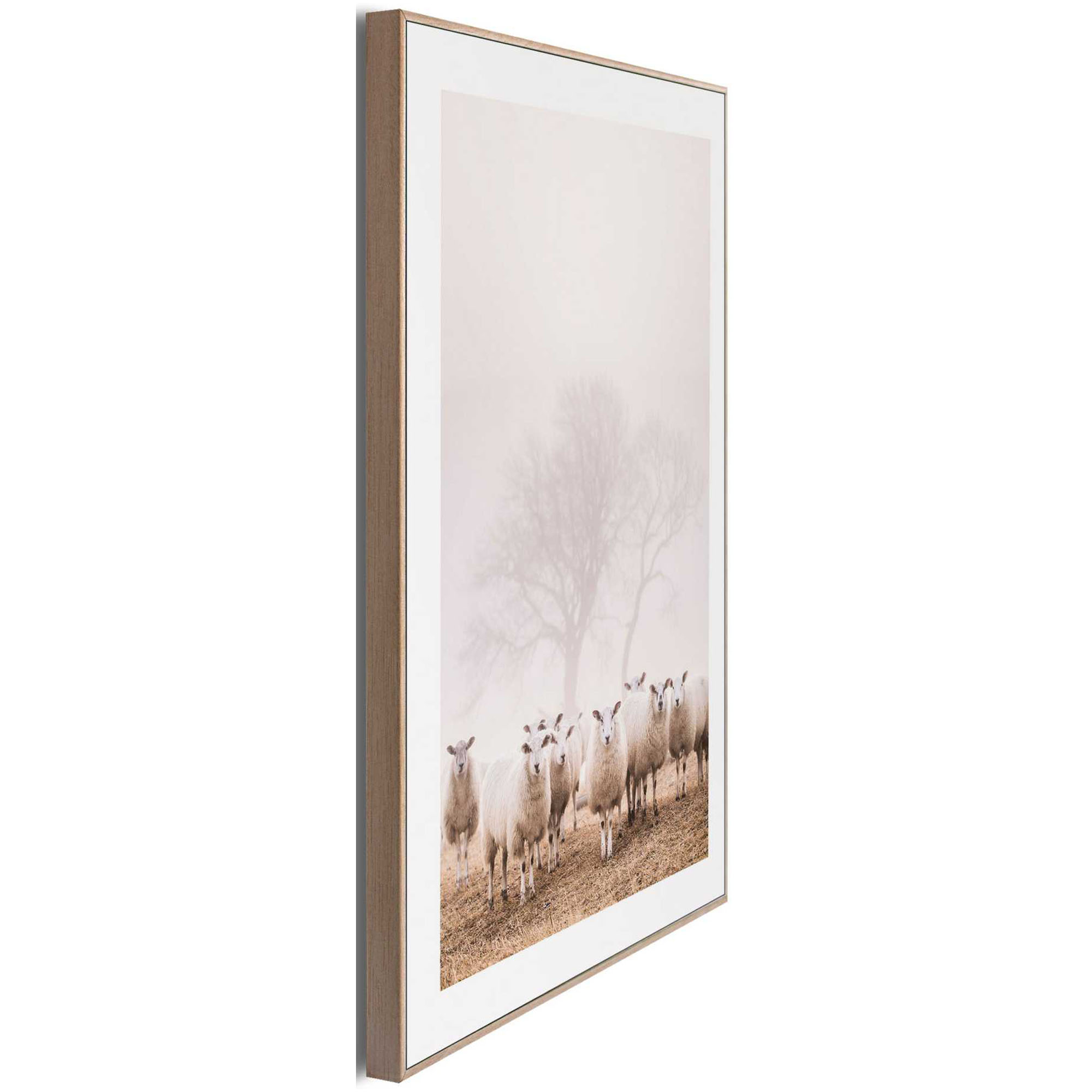 Seitliche Schrägansicht des Wandbilds „Sheep in Field“, 30 × 40 cm; Profil, Kante und Tiefe des Bildes sind erkennbar.