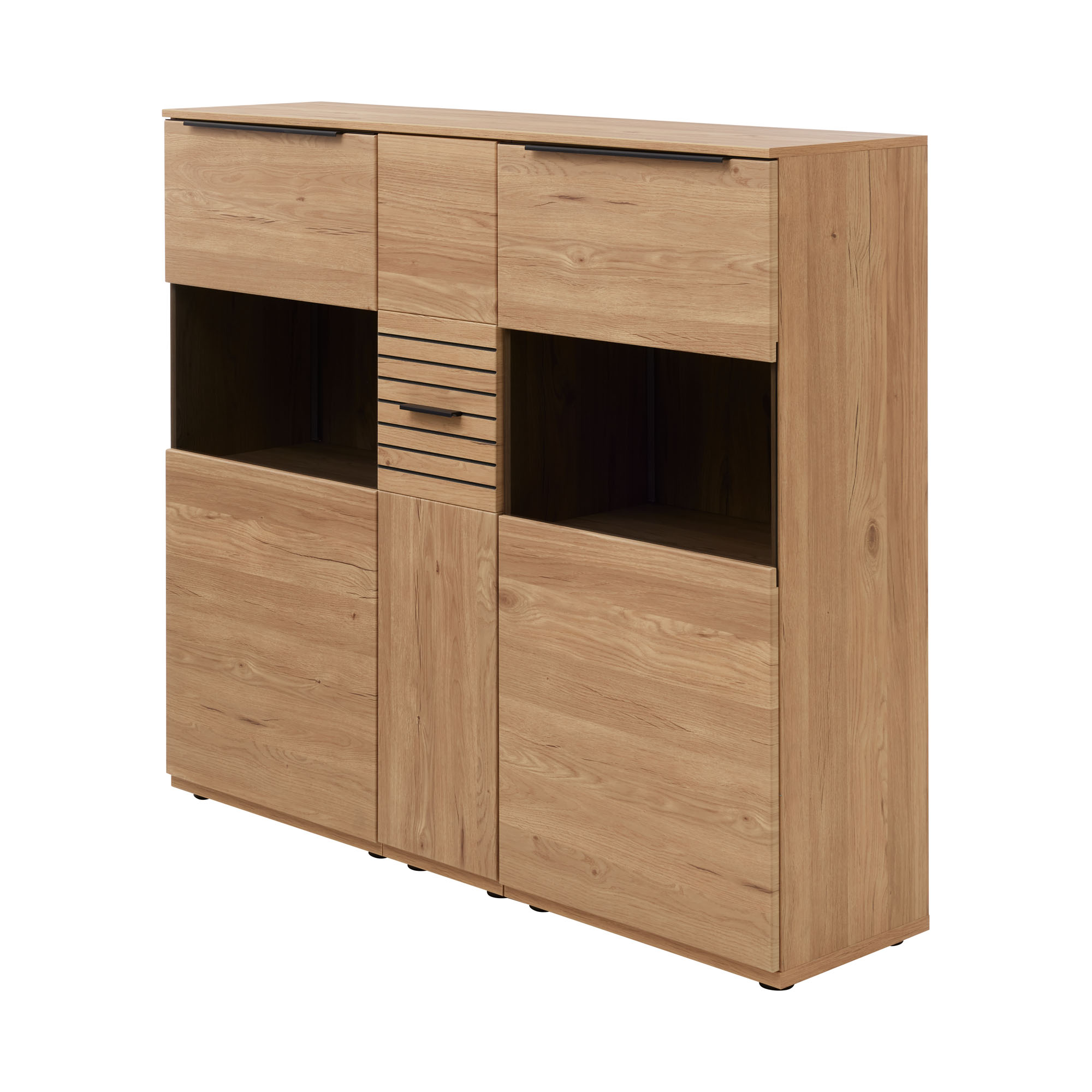 Interliving 2032 Highboard in Eiche natur mit zwei Türen offenen Fächern und mittiger Schublade modernes Design