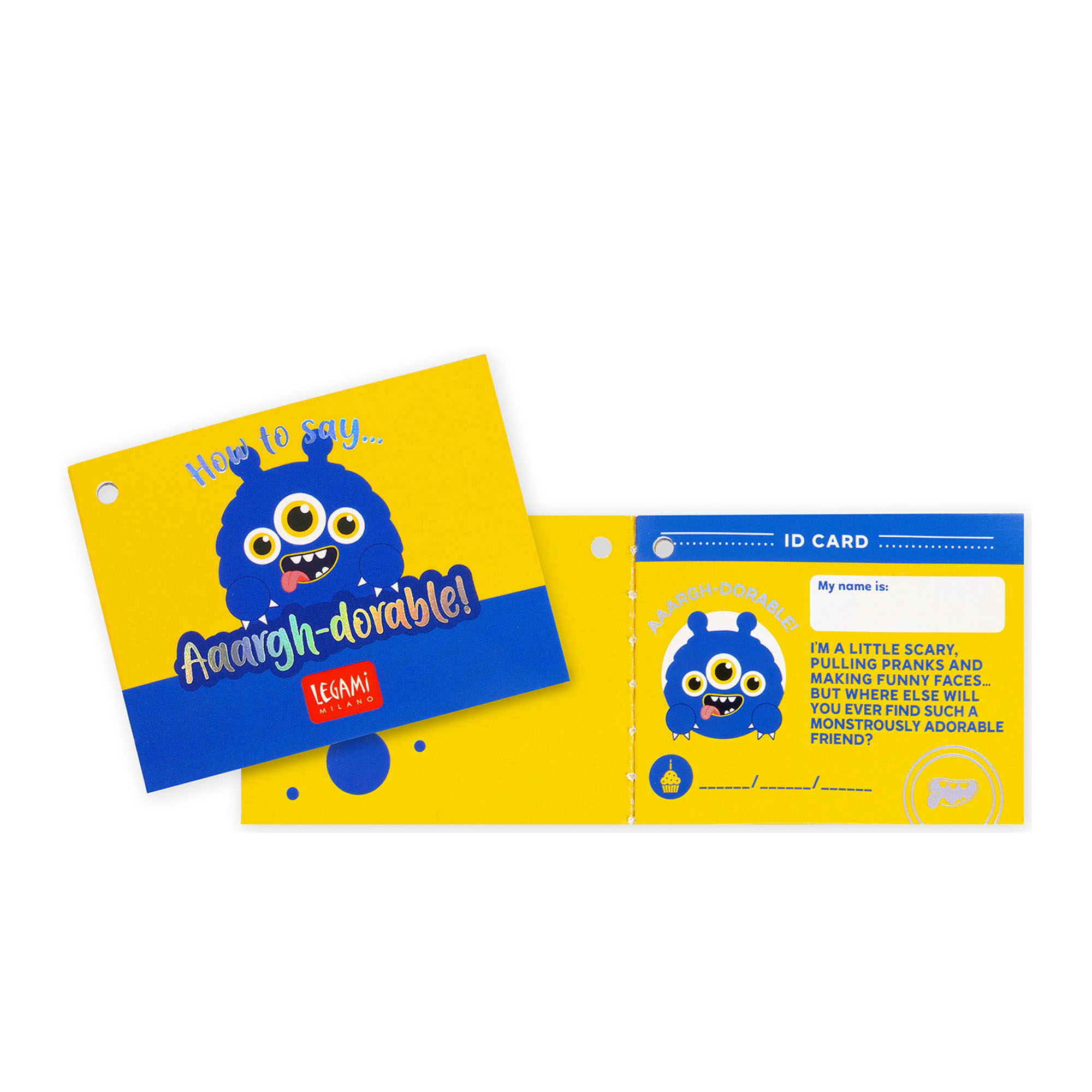 Blaues Monster-Plüschtier, neben den Vorder- und Rückseiten der Produktanhänger dargestellt.