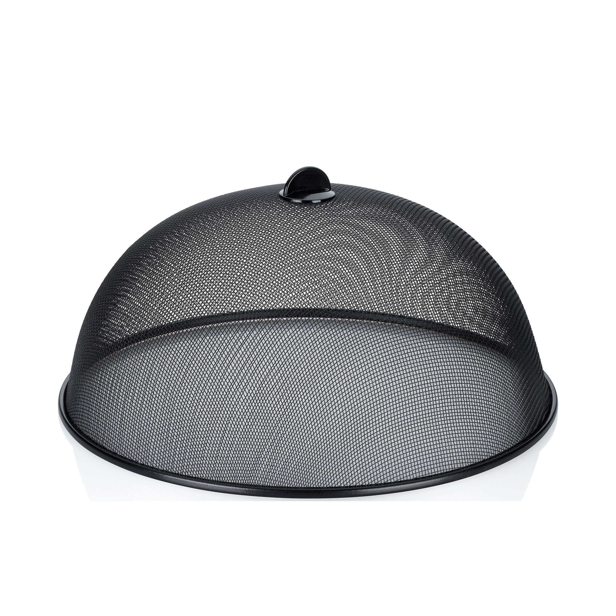 Runde schwarze Speisehaube aus feinmaschigem Metallgewebe mit Griff von oben fotografiert