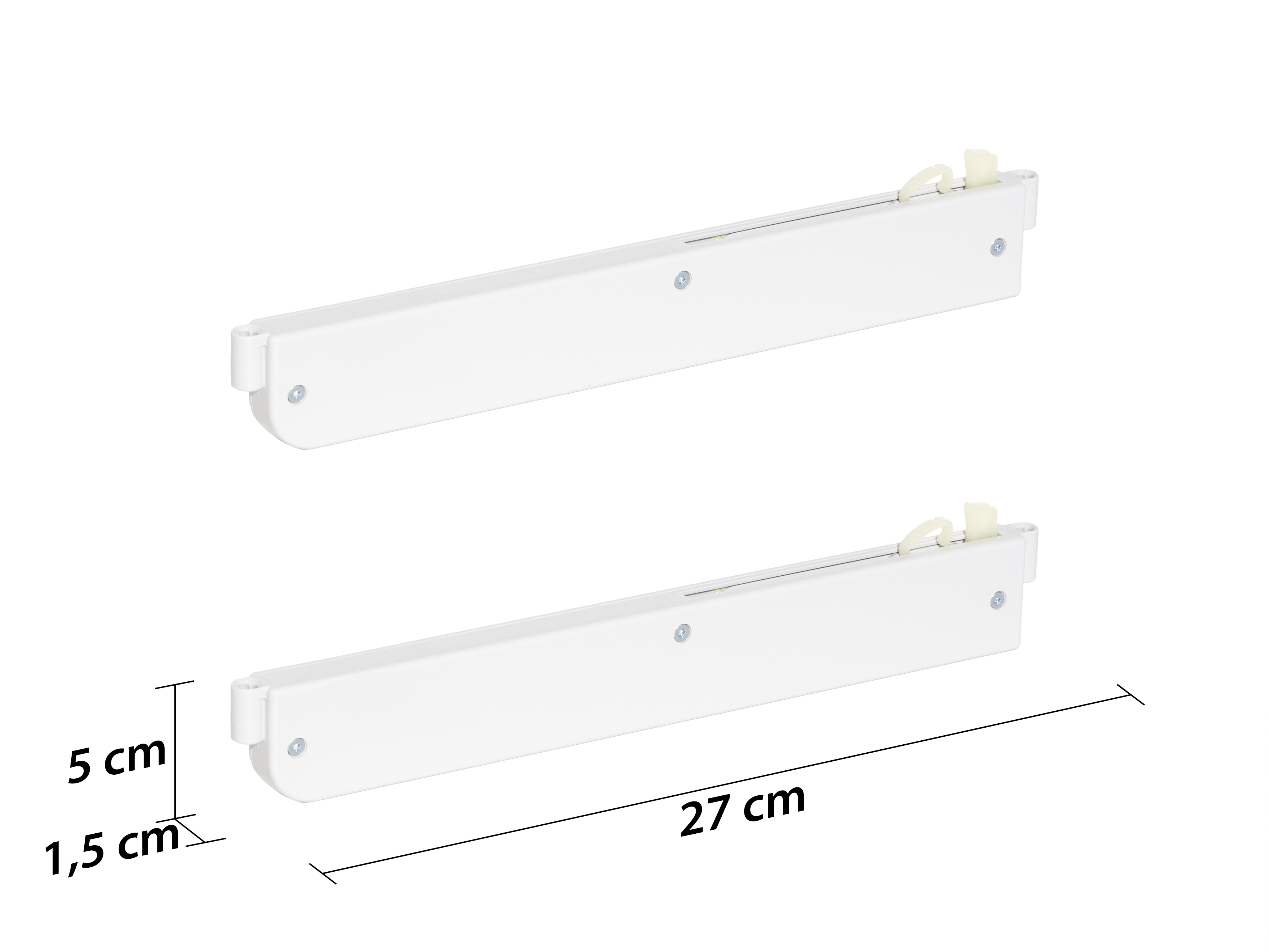Zwei parallele weiße Metallleisten liegen auf weißem Hintergrund, daneben sind Maßangaben mit 5 cm Höhe, 1,5 cm Tiefe und 27 cm Länge angegeben