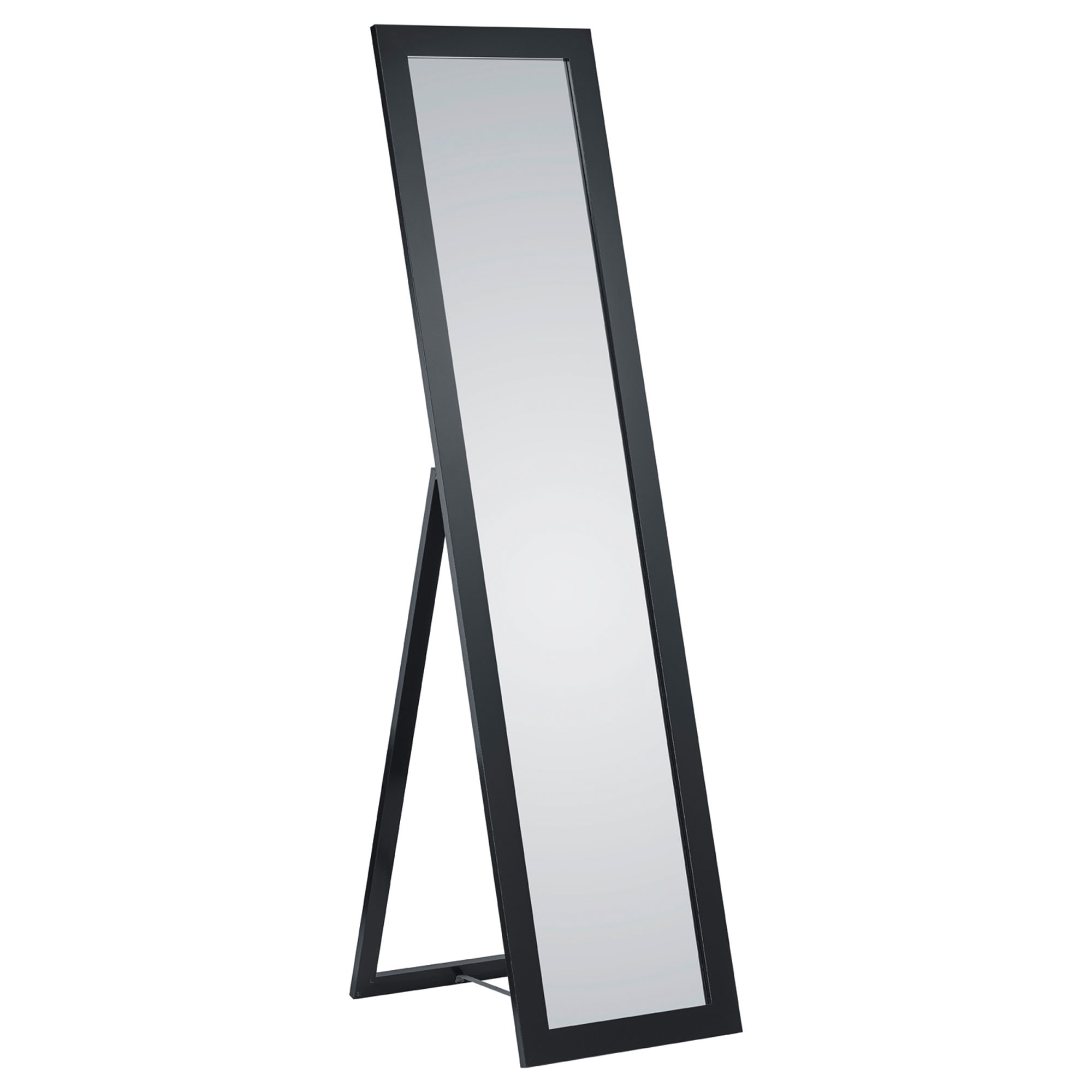 Spiegel Tina in Schwarz, freigestellt in vollständiger Ansicht; zu sehen ist die schmale rechteckige Spiegelfläche mit rückseitigem Standfuß; Maße ca. 40 x 160 x 3,5 cm.