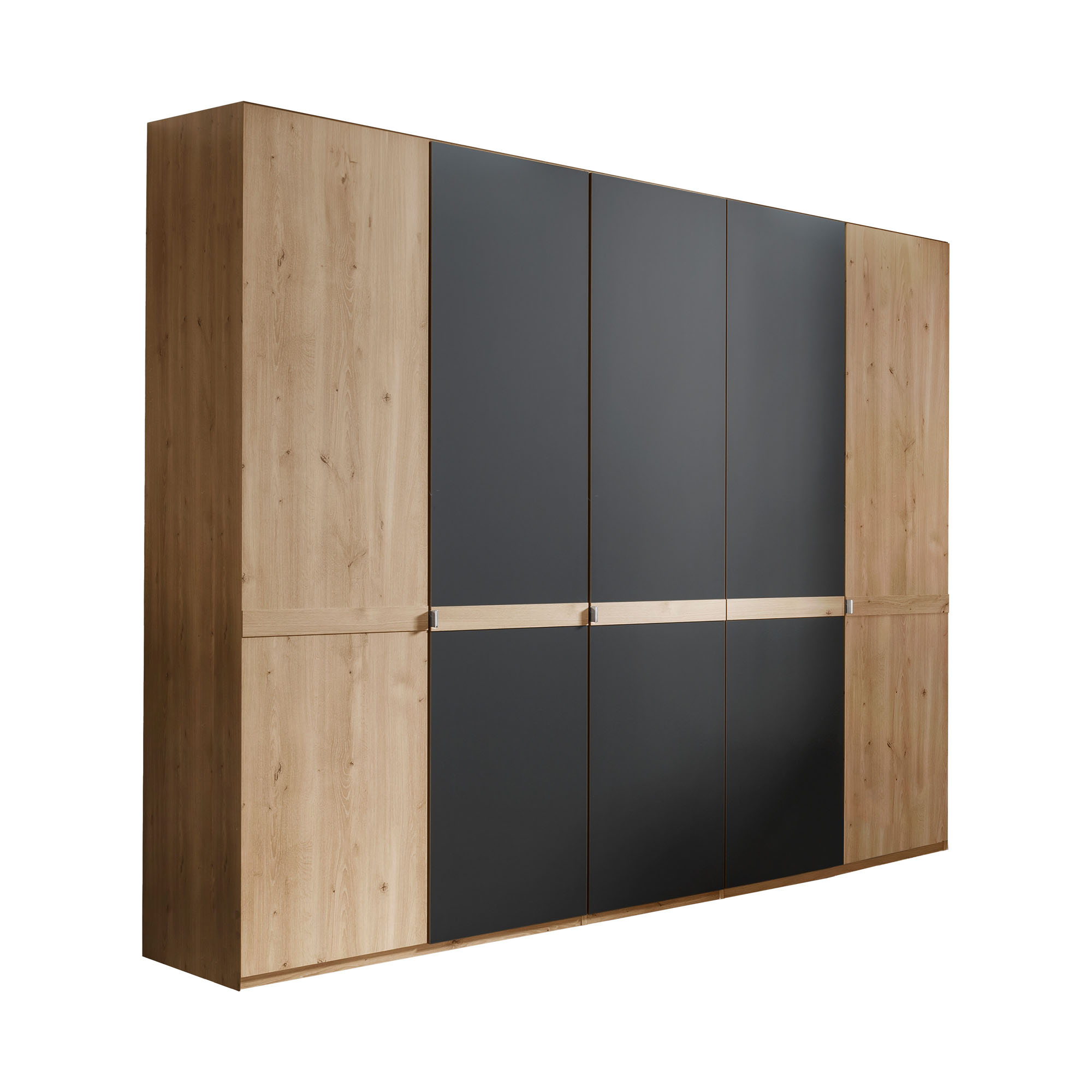 Großer Kleiderschrank mit mehreren Drehtüren, kombiniert aus Holzoptik und dunklen Fronten mit horizontalem Griffband