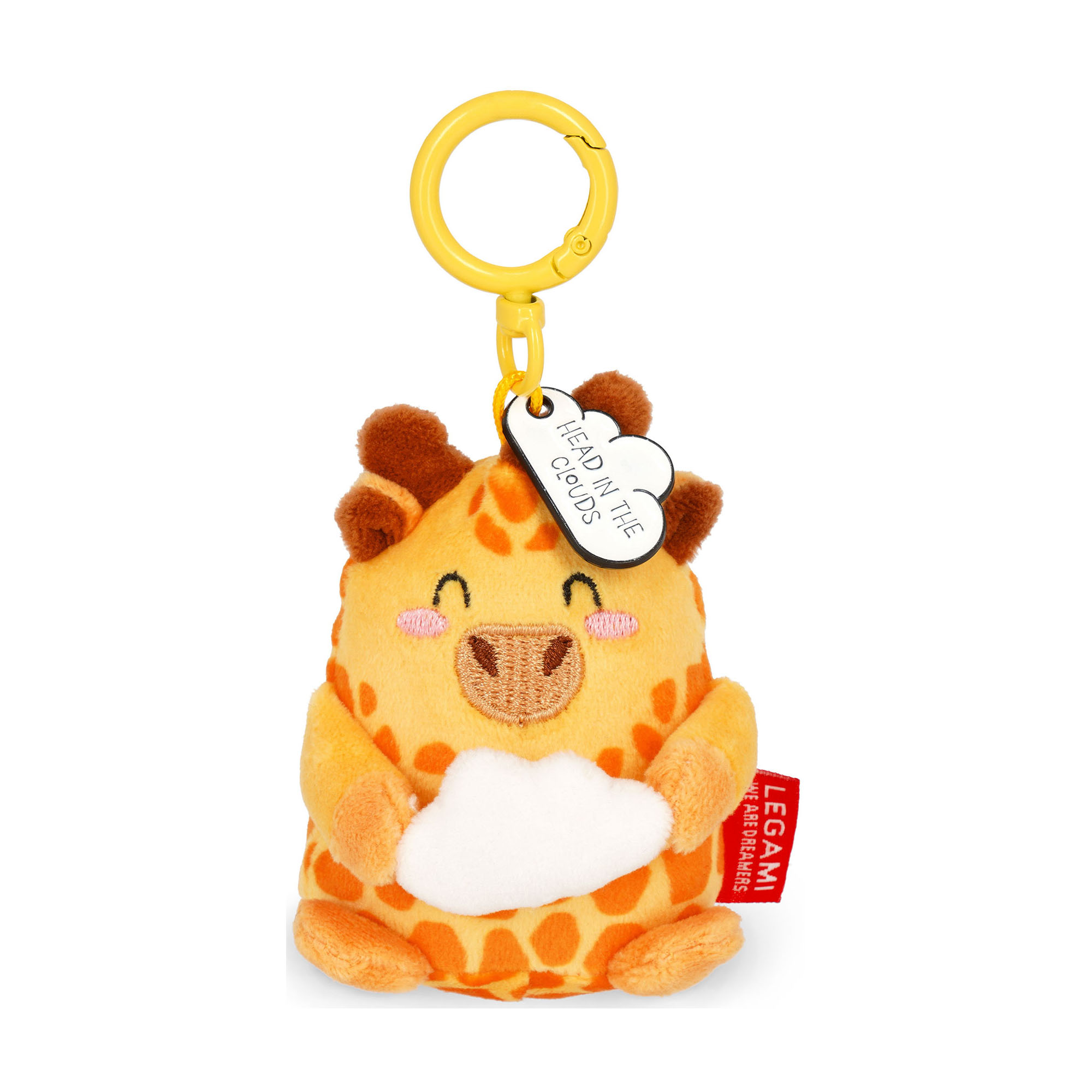Giraffen-Plüsch-Schlüsselanhänger, frontal mit Schlüsselring auf weißem Hintergrund dargestellt.