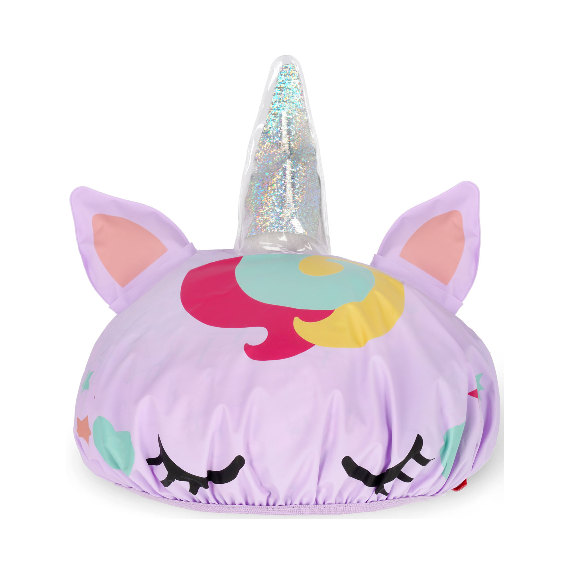 Lilafarbene Duschhaube im Einhorn-Design, frontal mit Tiergesicht, Ohren und elastischem Rand dargestellt.