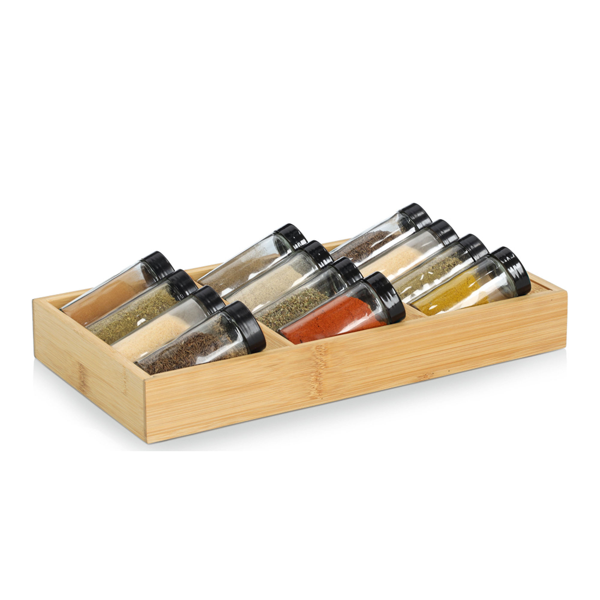 Alternative Ansicht: Zeller Gewürzeinsatz-Set 13tlg.; Farbe hellbraun/transparent/schwarz; Material Bambus/Glas; Ausführung: 13-tlg.; Maße ca. 38 × 20 × 5 cm.
