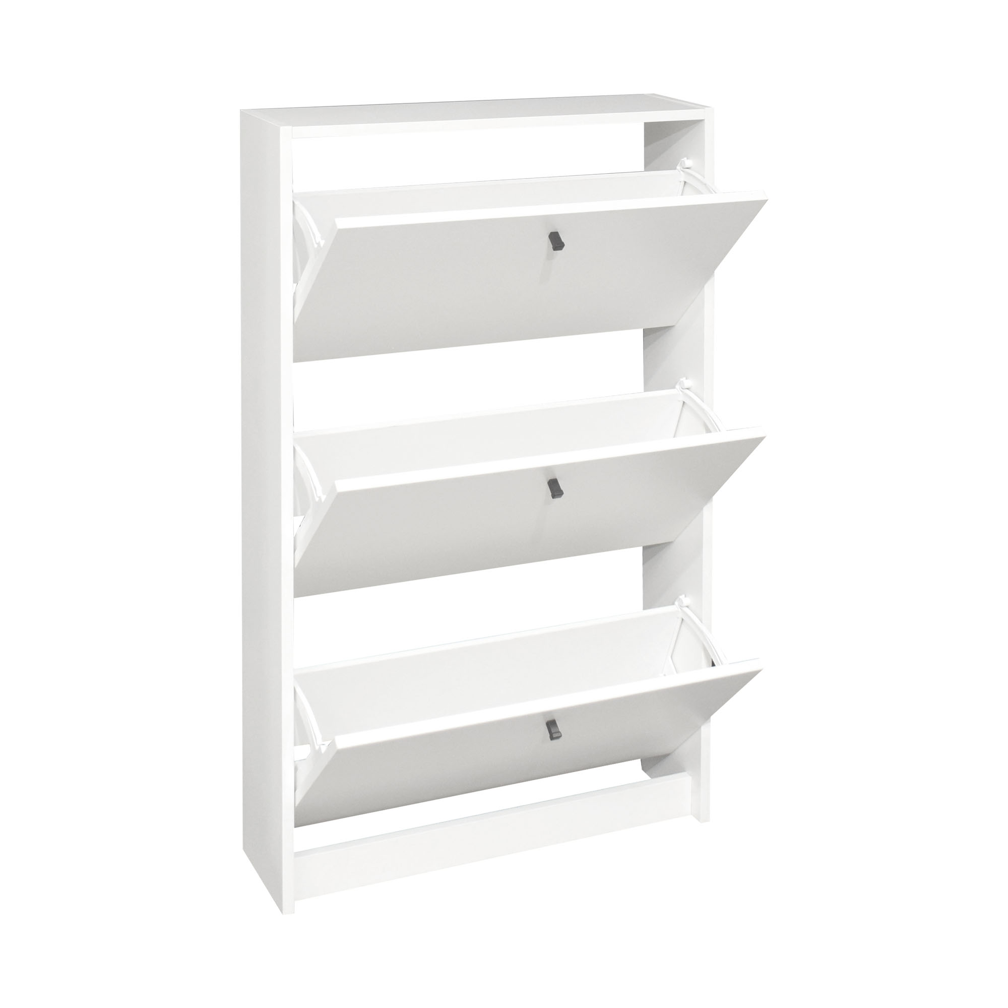 Weißer Schuhschrank in schräger Perspektive mit geöffneten Klappen, moderne und funktionale Schuhaufbewahrung