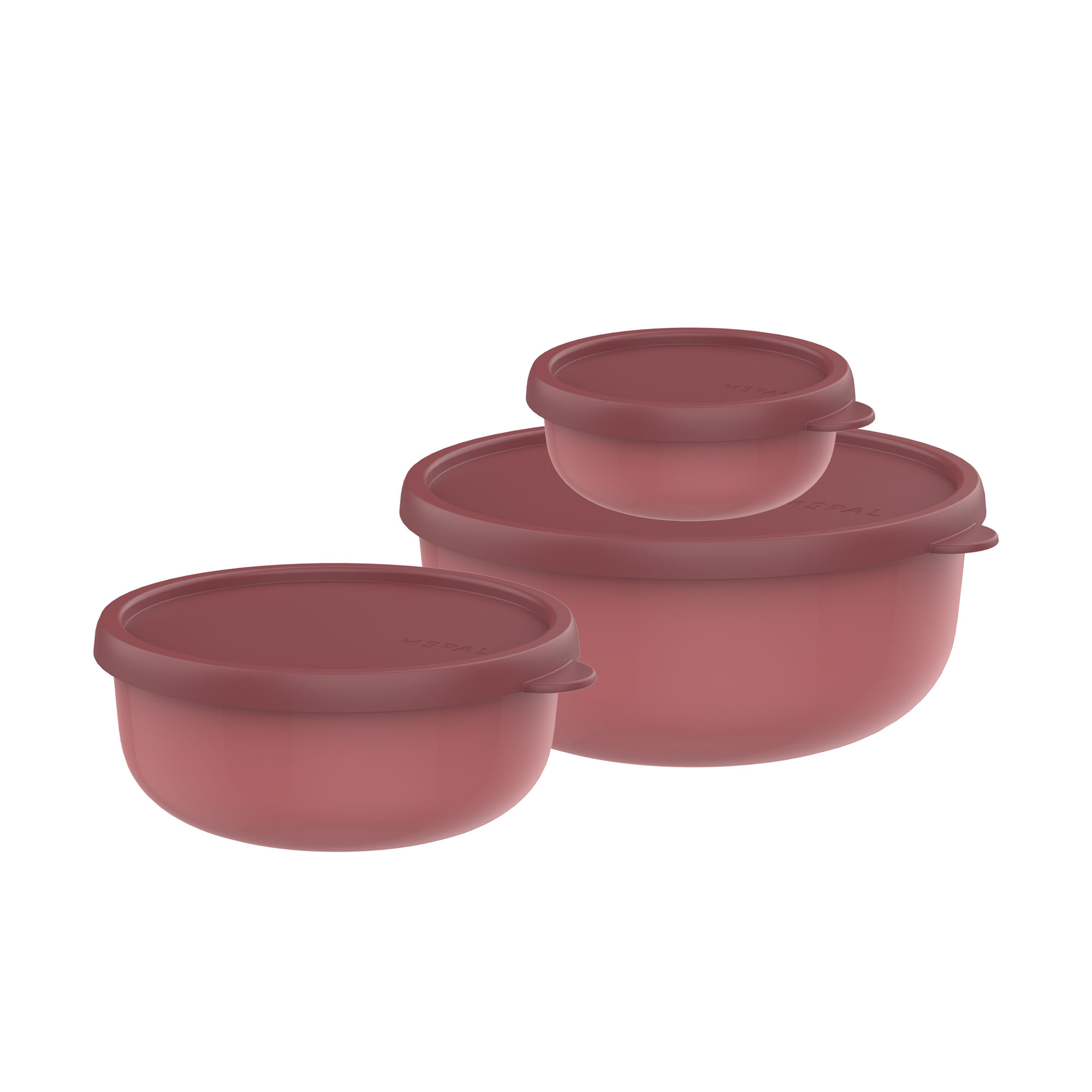 Drei runde Frischhaltedosen mit Deckeln in verschiedenen Größen in Rosa auf weißem Hintergrund.