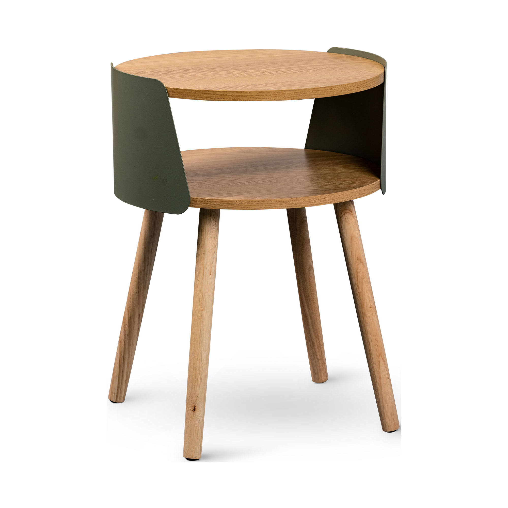 Runder Beistelltisch mit zwei Holzplatten, grünen seitlichen Metallblenden und vier konischen Holzbeinen, vor weißem Hintergrund