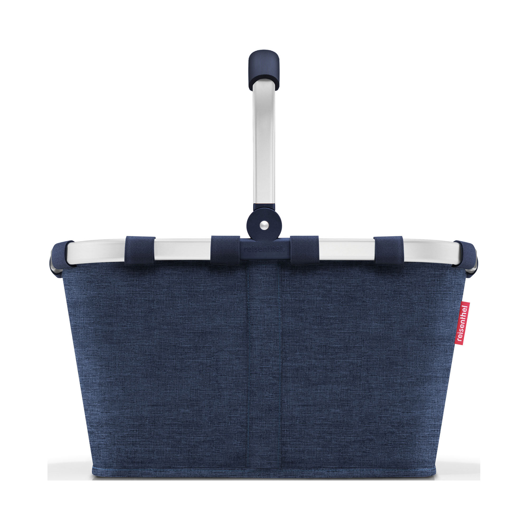 Einkaufskorb von Reisenthel, Modell Carrybag, in Dunkelblau mit melierter Struktur, von hinten mit hochgestelltem Aluminiumgriff.