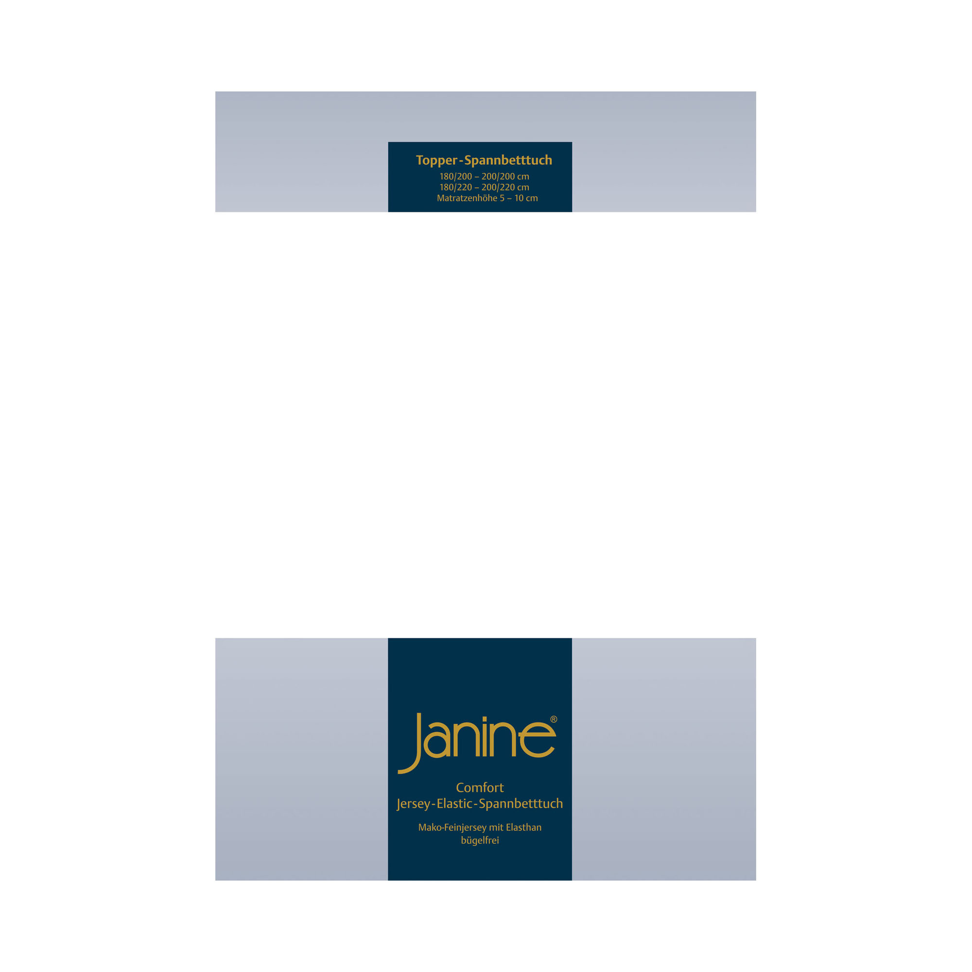 Frontansicht der Verpackung des Janine Topper-Spannbetttuchs 5001 in Weiß mit blauem Etikett und Größenangaben.