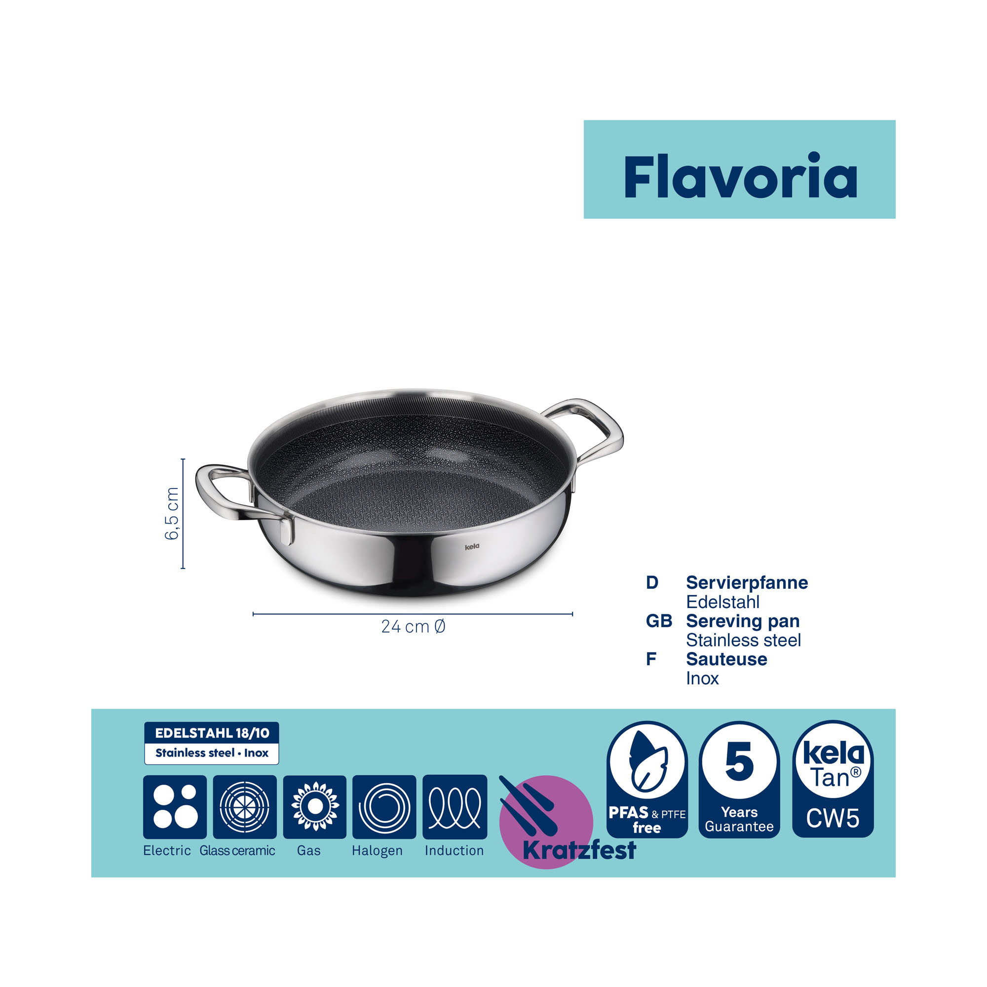 Abbildung der schwarzen Servierpfanne Flavonia mit technischen Symbolen und Produktangaben