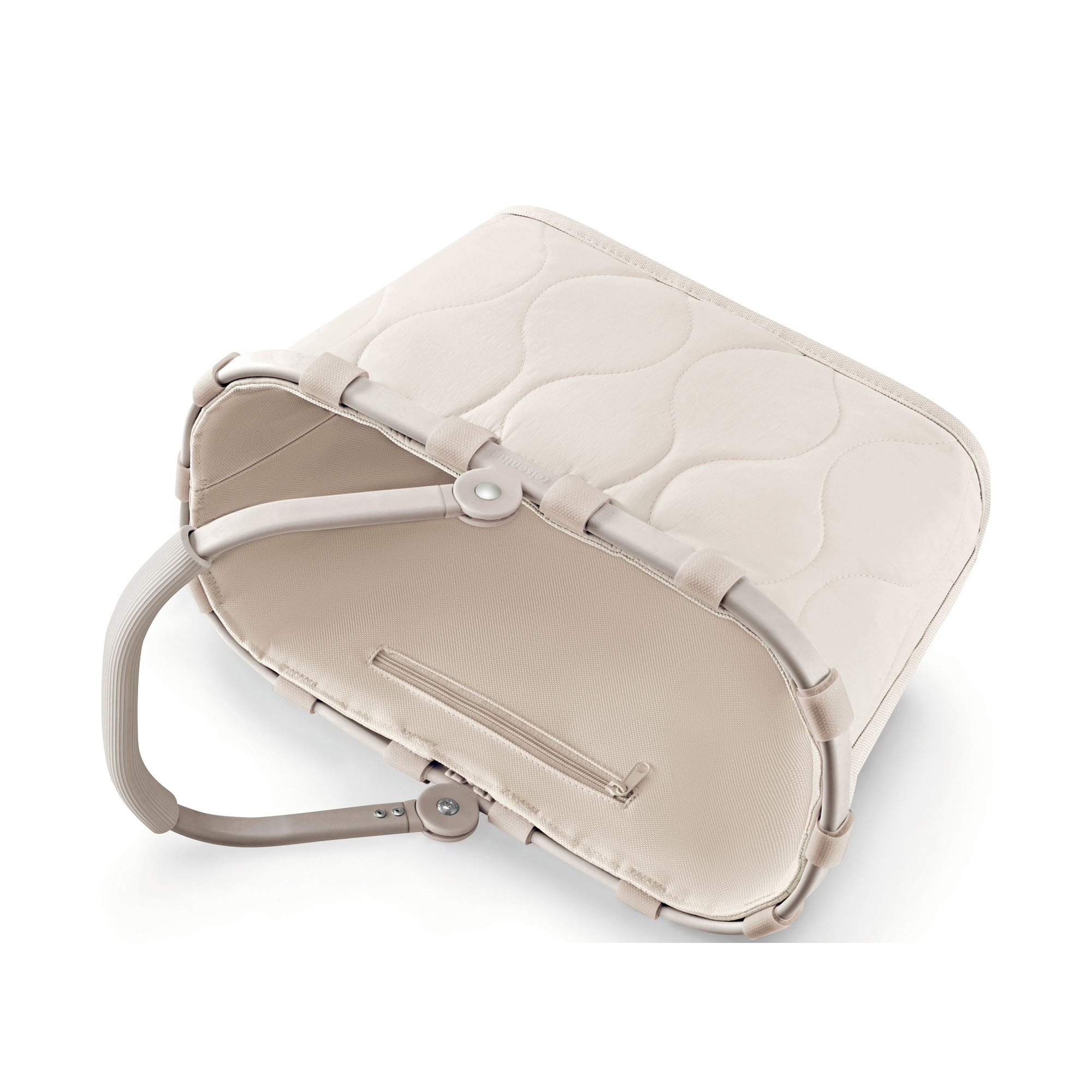 Kleiner Einkaufskorb von Reisenthel, Modell Carrybag XS, in hellem Steinbeige mit Steppstruktur, seitlich zusammengeklappt dargestellt