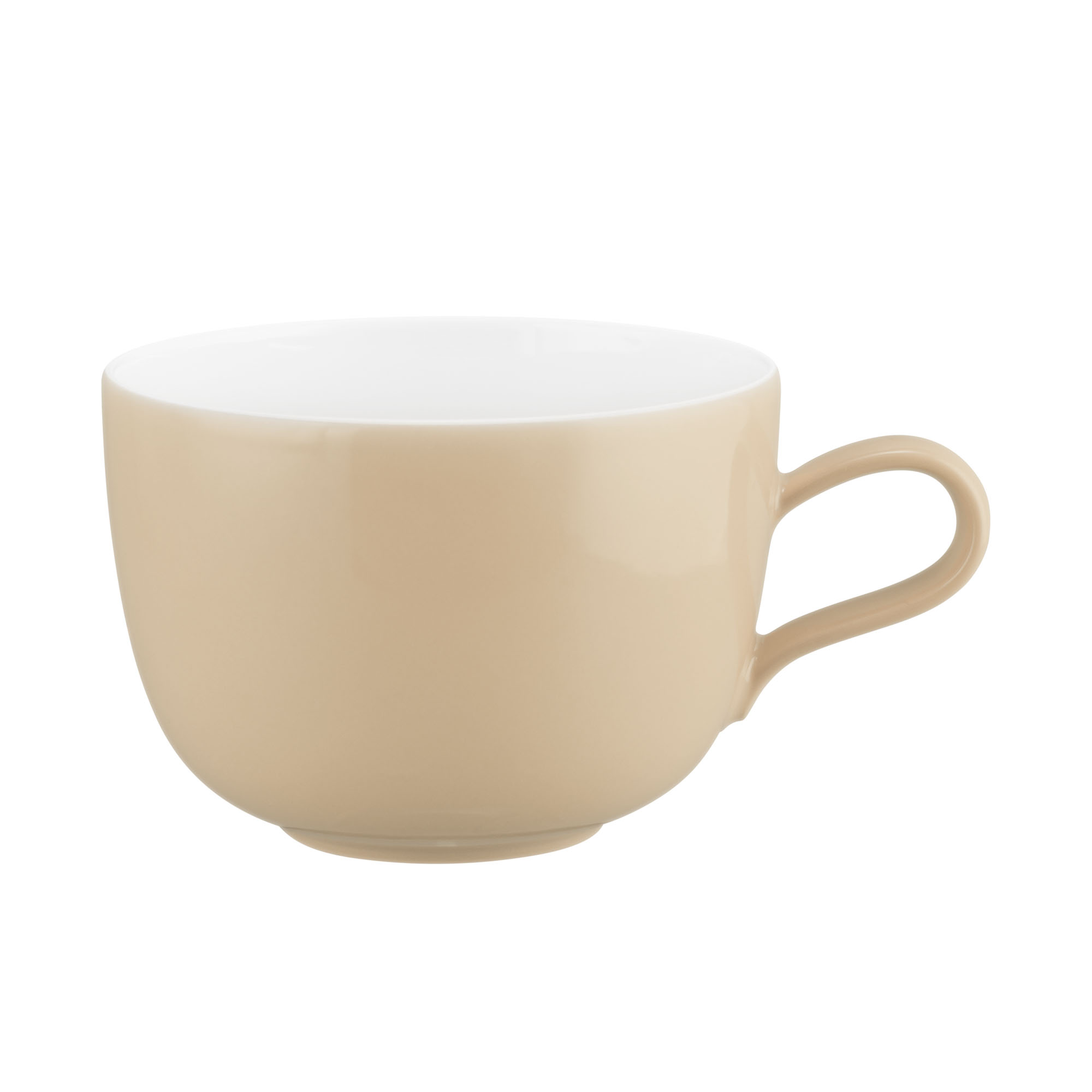 Tasse in Beige und Weiß. Darstellung: Seitenansicht. Merkmale: beige Außenseite, weißer Innenraum und Henkel.