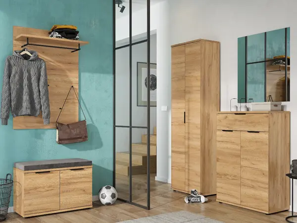 Garderoben Kombination im Eingangsbereich mit Hochschrank Kommode Spiegel Wandpaneel und Schuhbank aus Holzoptik