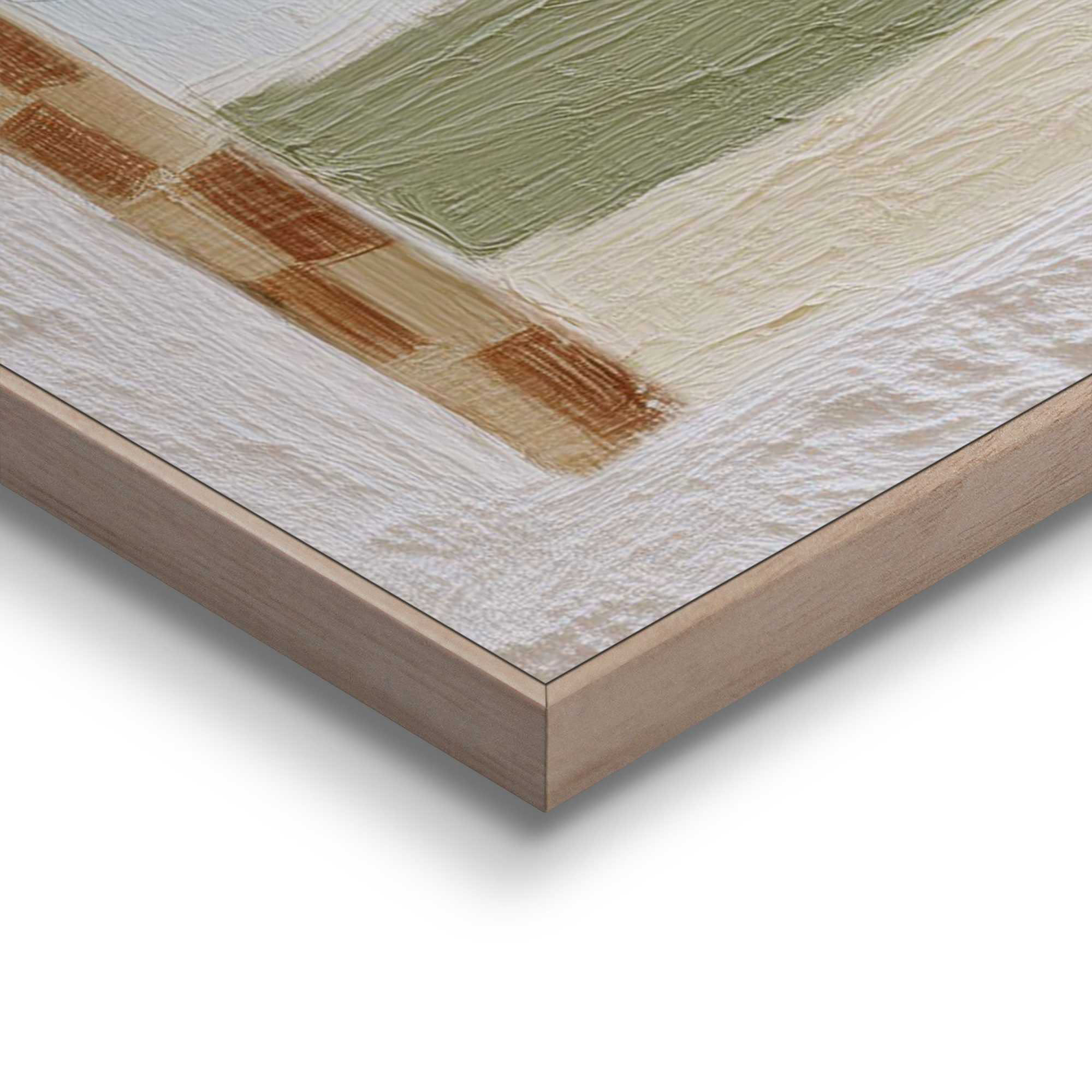 Detailaufnahme einer Ecke des Wandbilds „Palm Trio View“, 50 × 70 cm; Oberfläche, Kante und Materialstärke sind sichtbar.