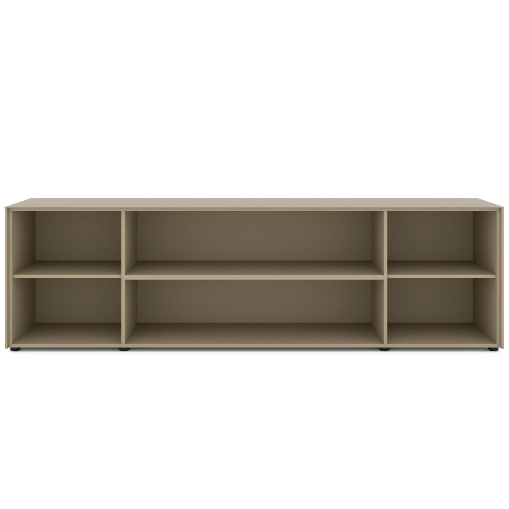 Frontansicht des Lowboard-Korpus in Taupe ohne Türen und Schubladen. Die Innenaufteilung zeigt sechs offene Fächer in zwei Reihen. Die beiden mittleren Fächer sind breiter als die jeweils seitlich angeordneten Fächer.