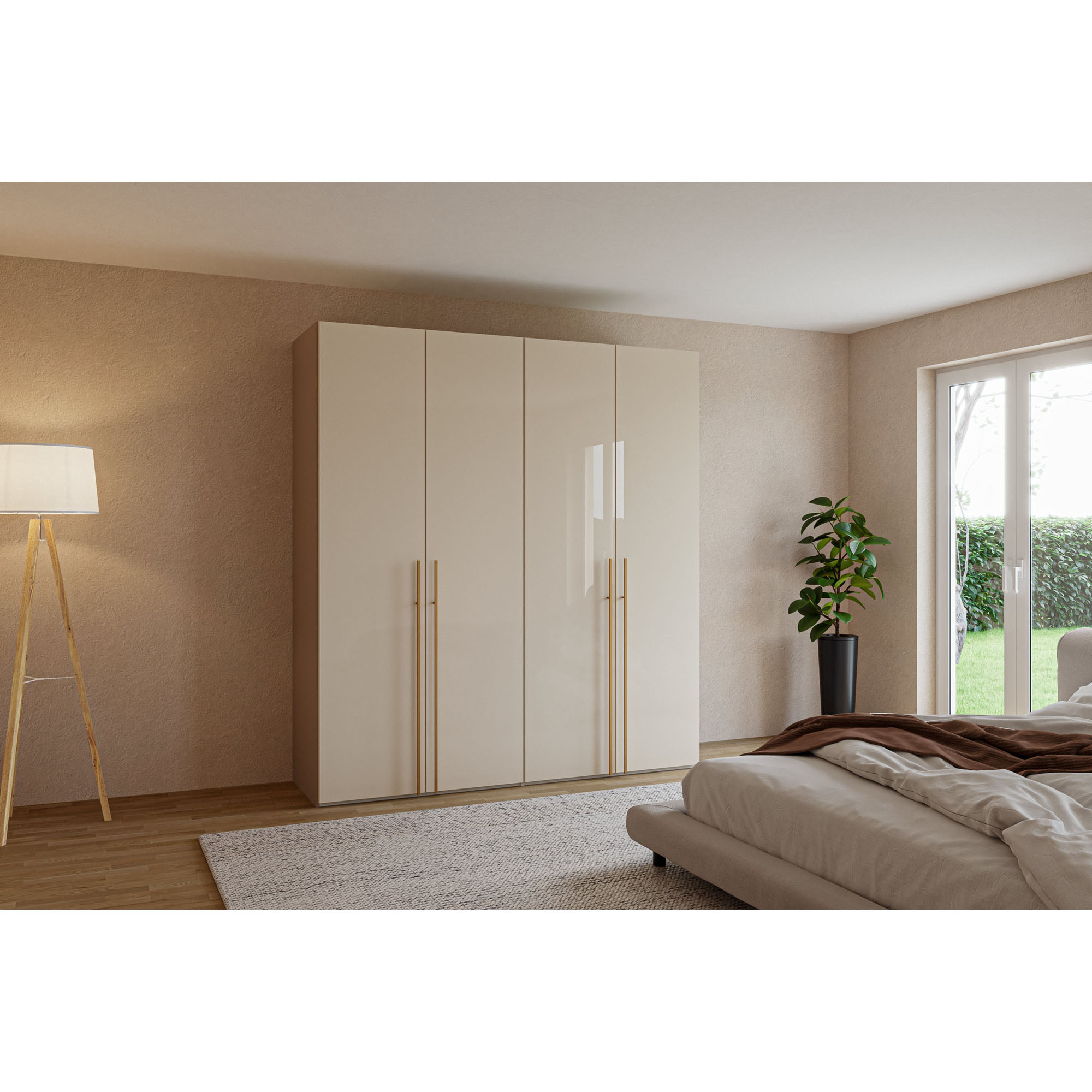 Kleiderschrank mit vier Drehtüren in einem Schlafzimmer neben einem Bett