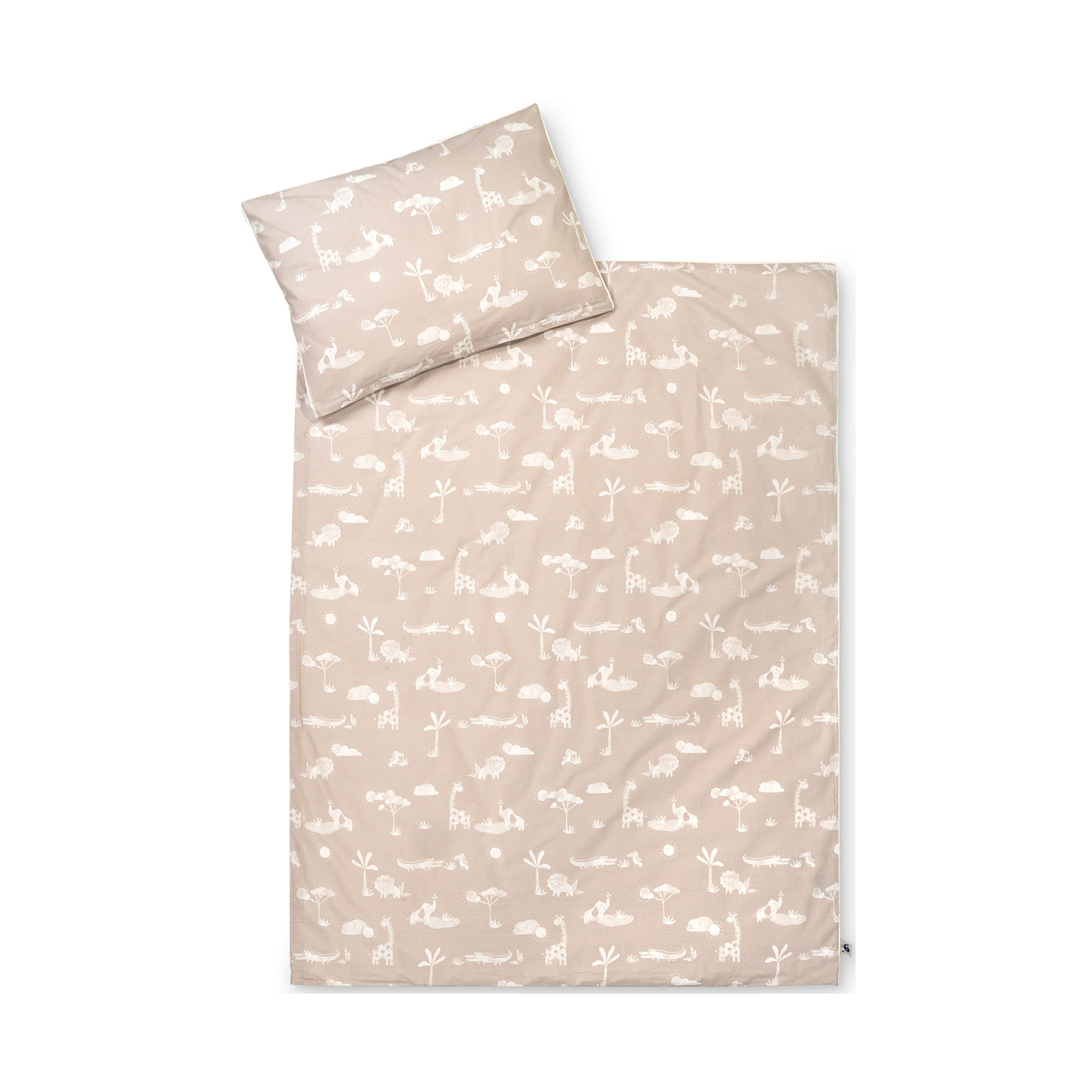 Kinderbettwäsche in Beige mit weißen Tiermotiven wie Giraffen, Elefanten und Krokodilen bestehend aus Decken- und Kissenbezug