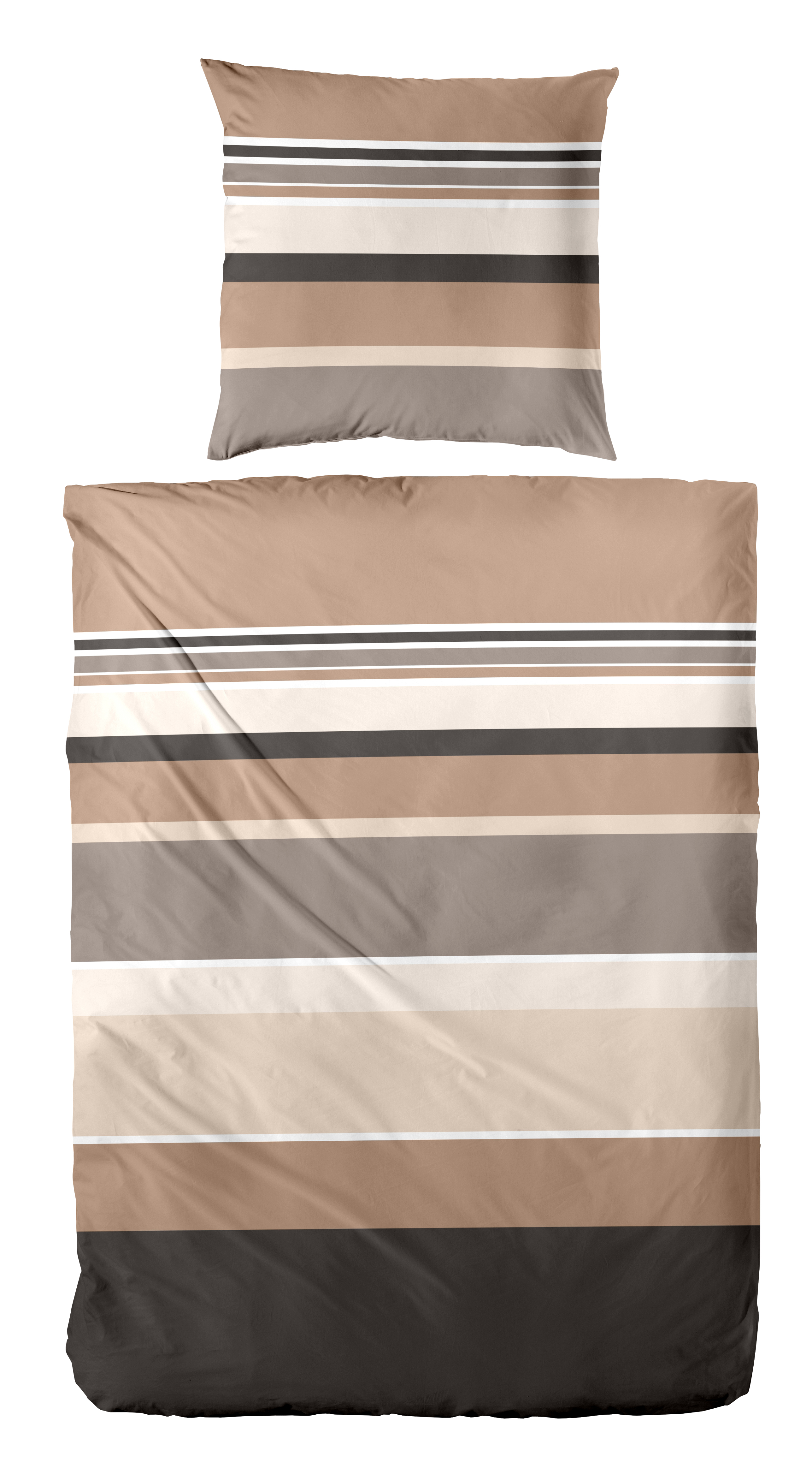 Bettwäsche mit breiten Streifen in Braun, Beige, Grau und Weiß; Bettdecken- und Kissenbezug sind freigestellt dargestellt; Größe 135 x 200 cm.