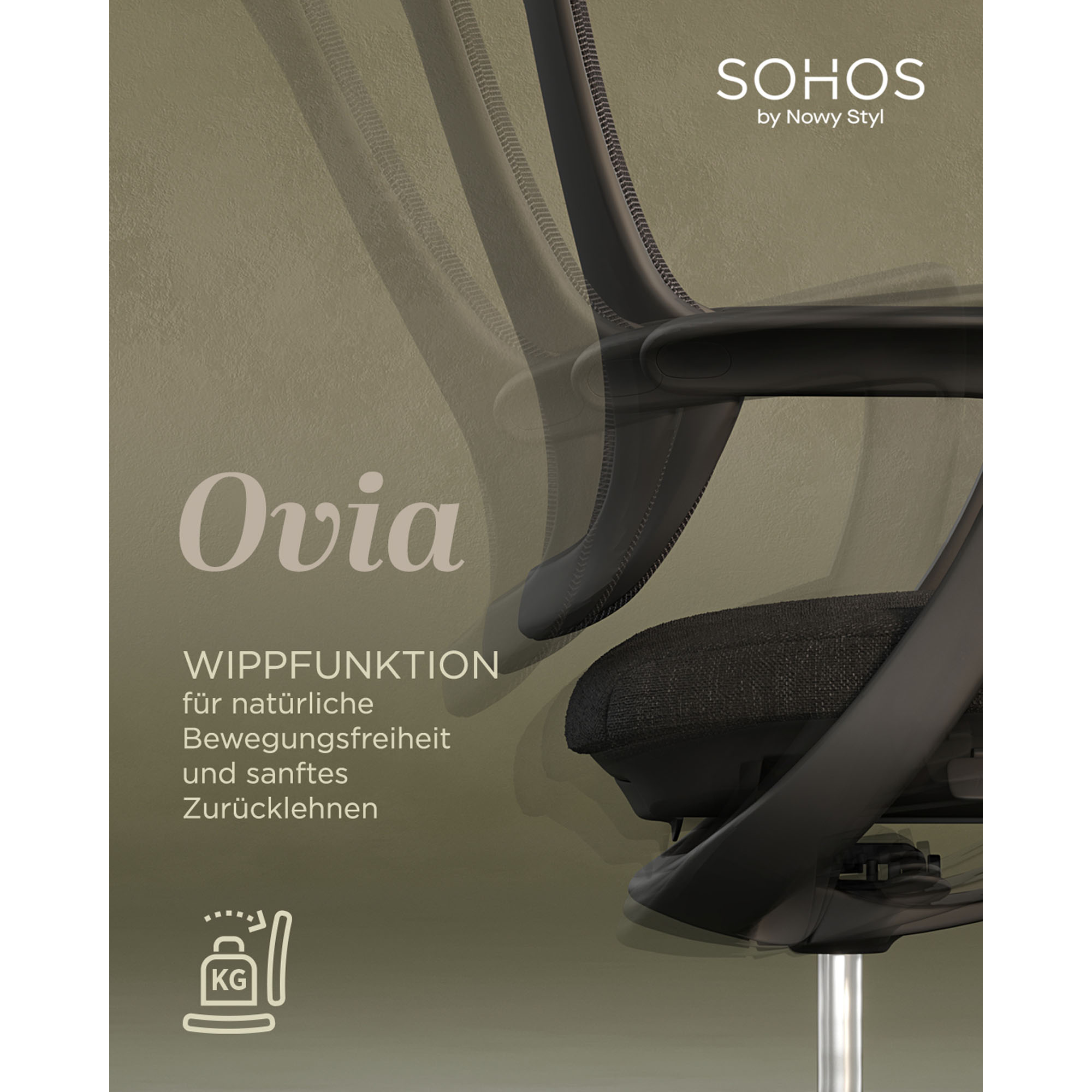 Detailgrafik des Ovia zur Wippfunktion; überlagerte Rückenlehnenpositionen zeigen die Bewegung beim Zurücklehnen.