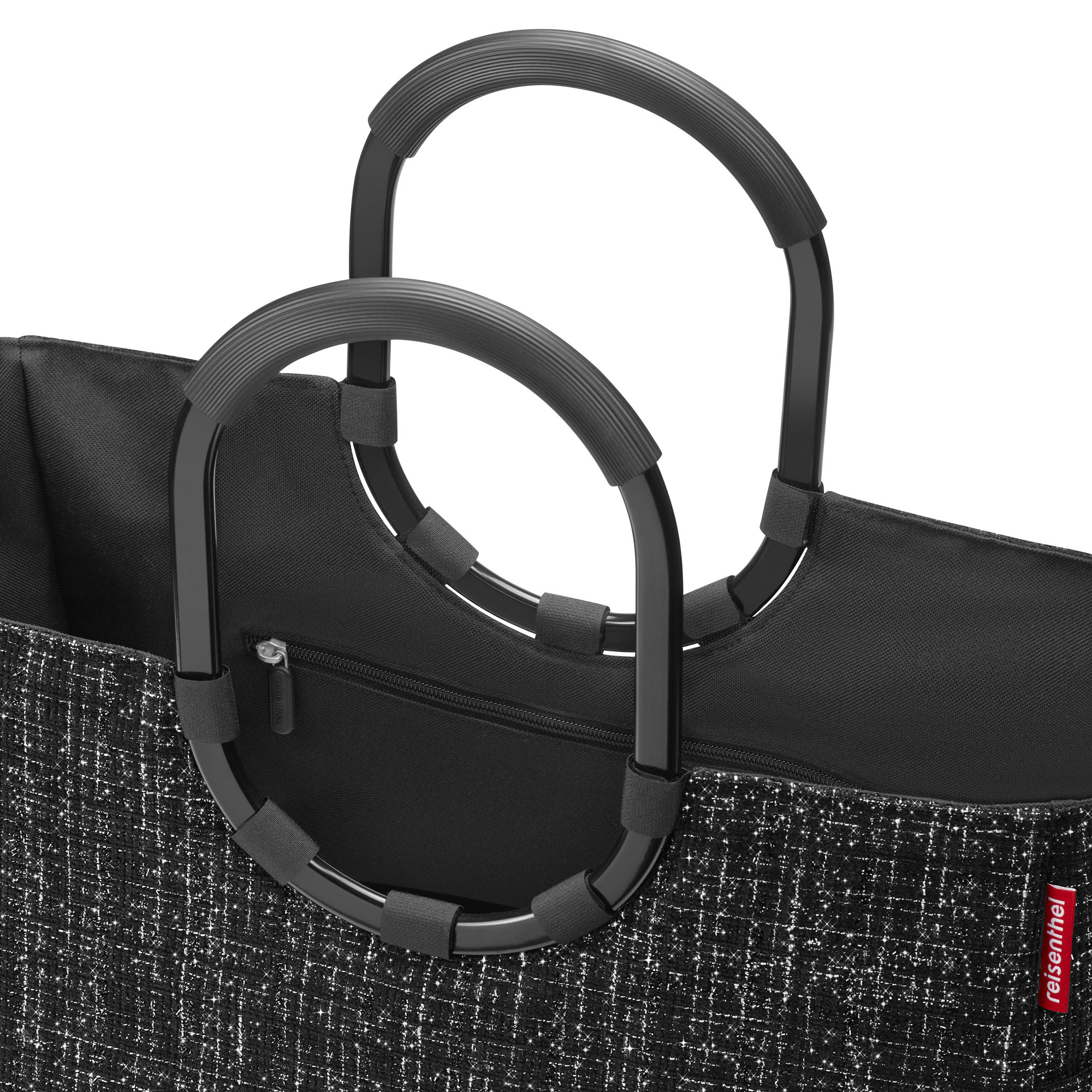 Shopper mit Ringgriffen von Reisenthel, Modell Loopshopper L, in Schwarz mit Bouclé-Struktur, Nahaufnahme der Ringgriffe und des oberen Innenraums