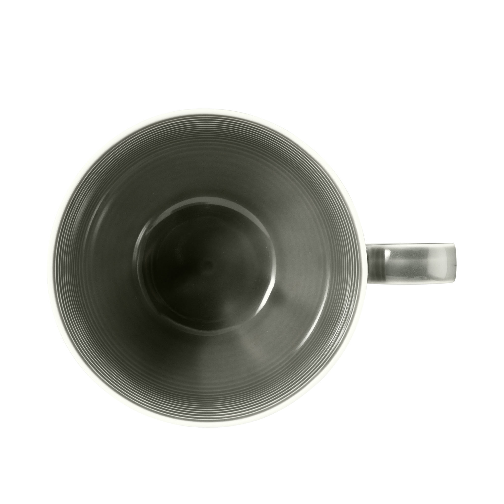 Tasse in Dunkelgrau. Darstellung: Draufsicht. Merkmale: runde Form mit feinen waagerechten Rillen.