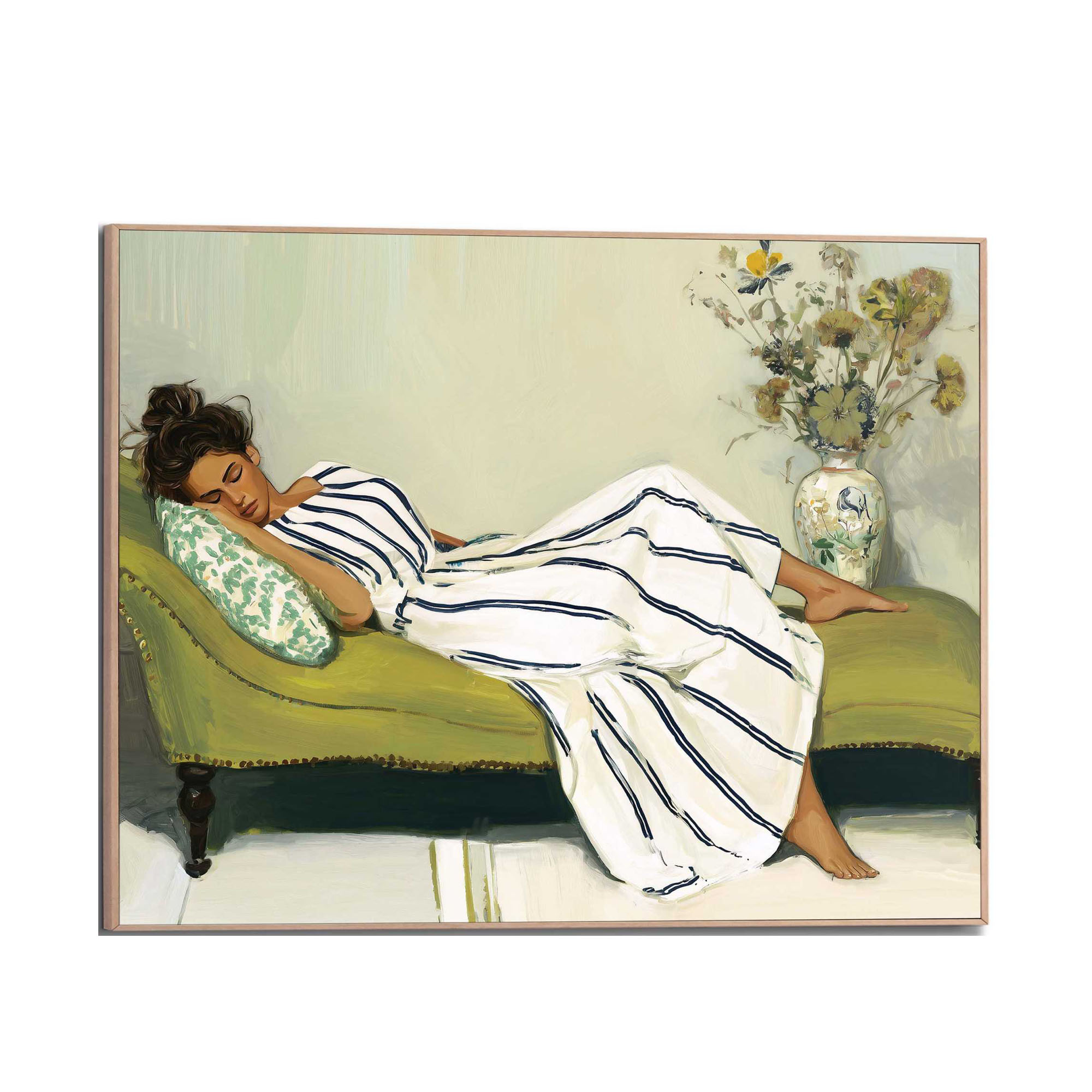 Frontansicht des Wandbilds „Napping Beauty“ in Grün, Größe 40 × 50 cm; das vollständige Motiv ist zu sehen.
