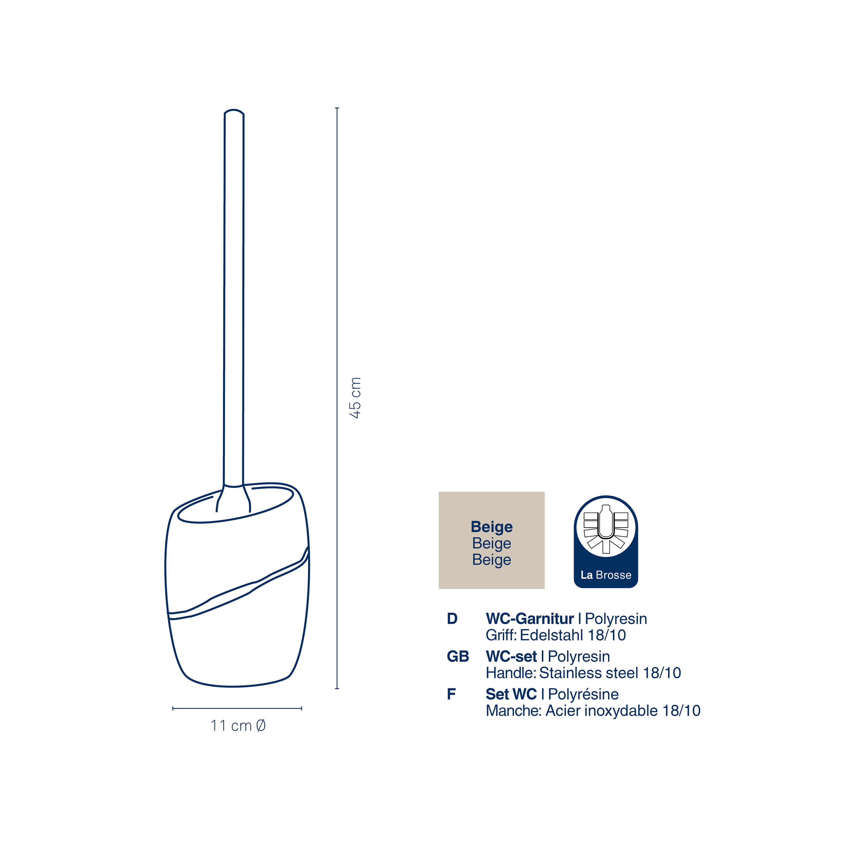 Schematische Darstellung der WC Garnitur mit Angaben zu Abmessungen Material und Ausführung
