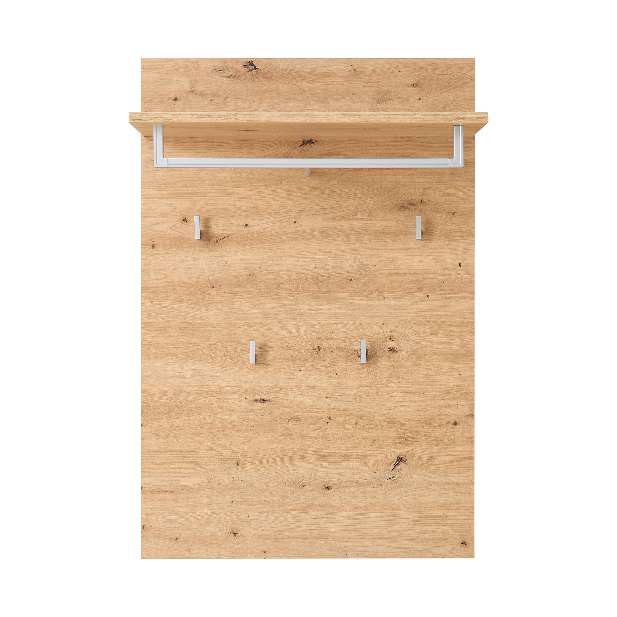 Frontalansicht eines Holzpaneels mit einer oberen Ablage und mehreren kleinen Haken in der Mitte und unteren Hälfte.