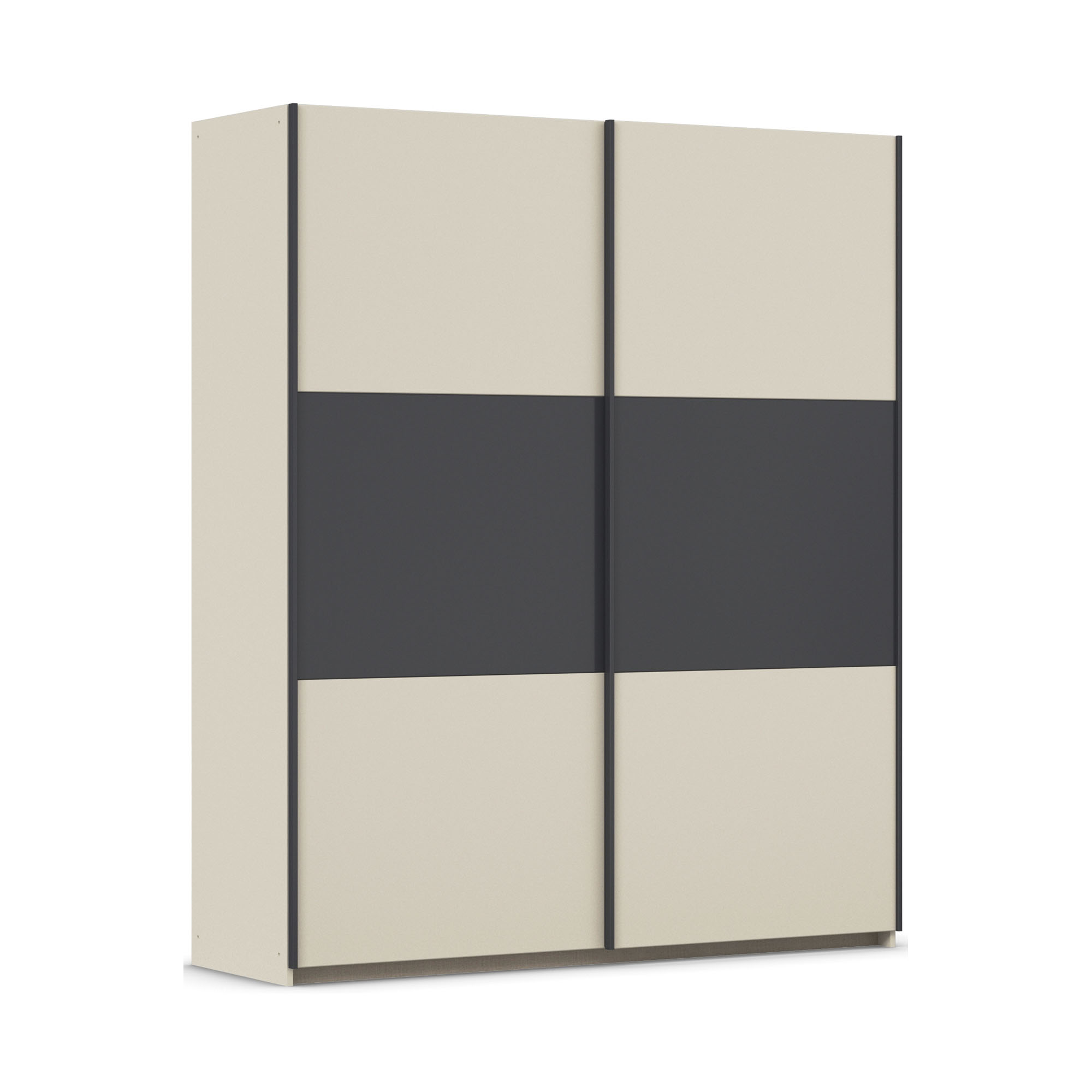 Schwebetürenschrank mit Champagner-Absetzung und Front in Grau Metallic, in Schrägansicht dargestellt.