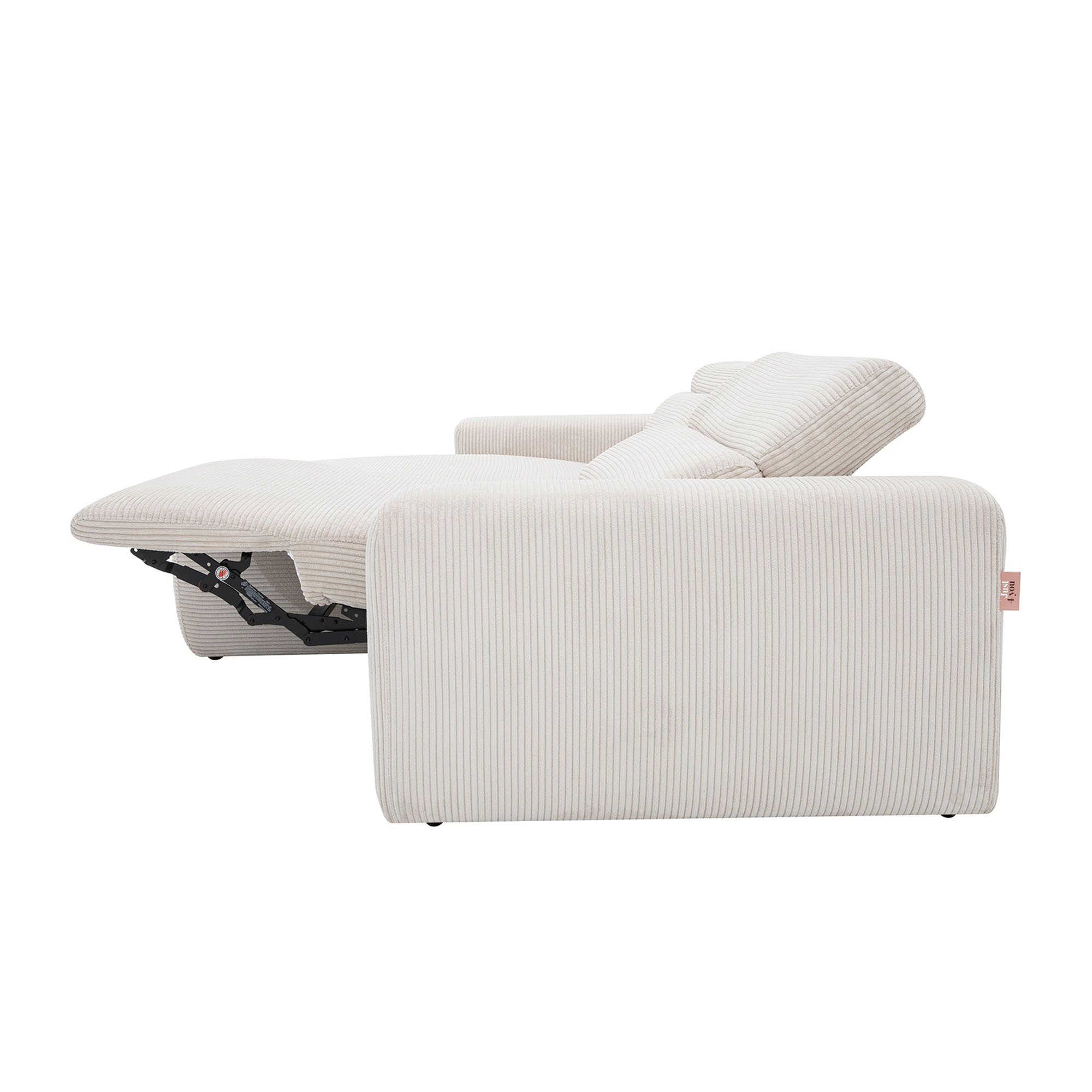 Schrägansicht der Eckgarnitur Zoom 01 cream mit Fokus auf den Longchair mit Armlehne auf der linken Seite.